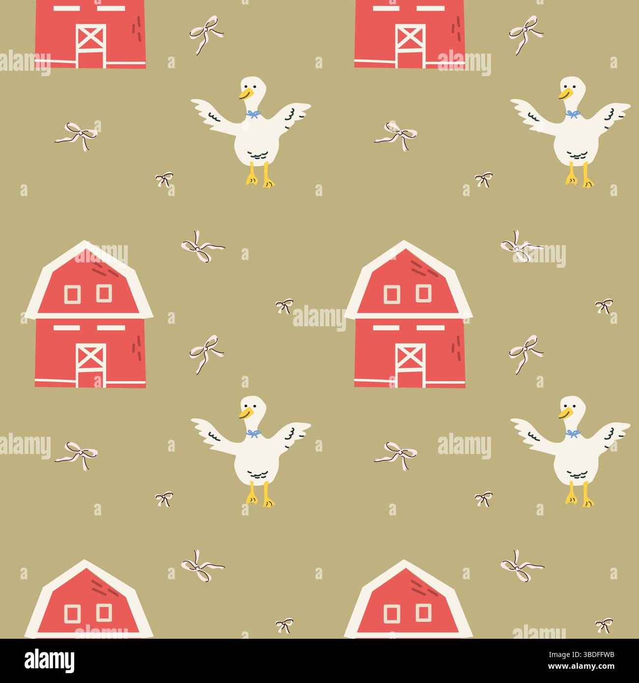 Charming cottage decor pattern with ducks barns and dragonflies for rustic design. Stock Vector