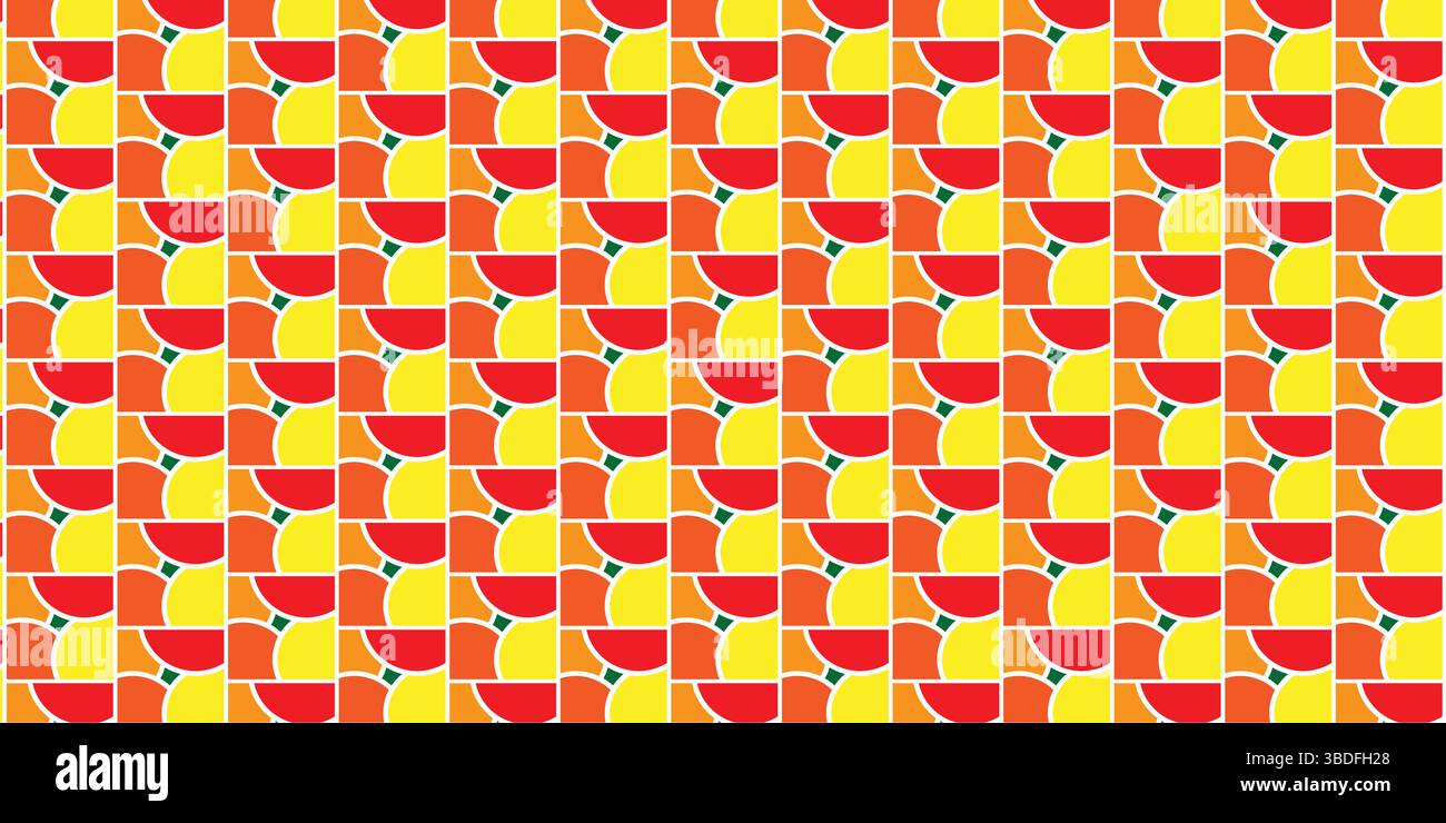 Vibrant Seamless Geometric Pattern with Red, Orange, and Yellow, Abstract Modern Half-Circle Tile Repeat Background. Stock Vector