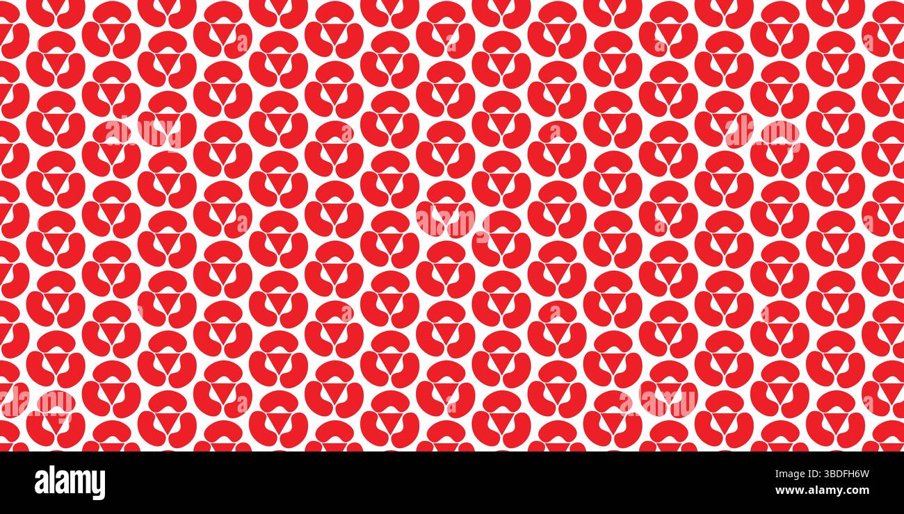 Seamless Geometric Pattern: Red Interlocking Shapes on White, Abstract Modern Curved Elements Repeat Background. Stock Vector