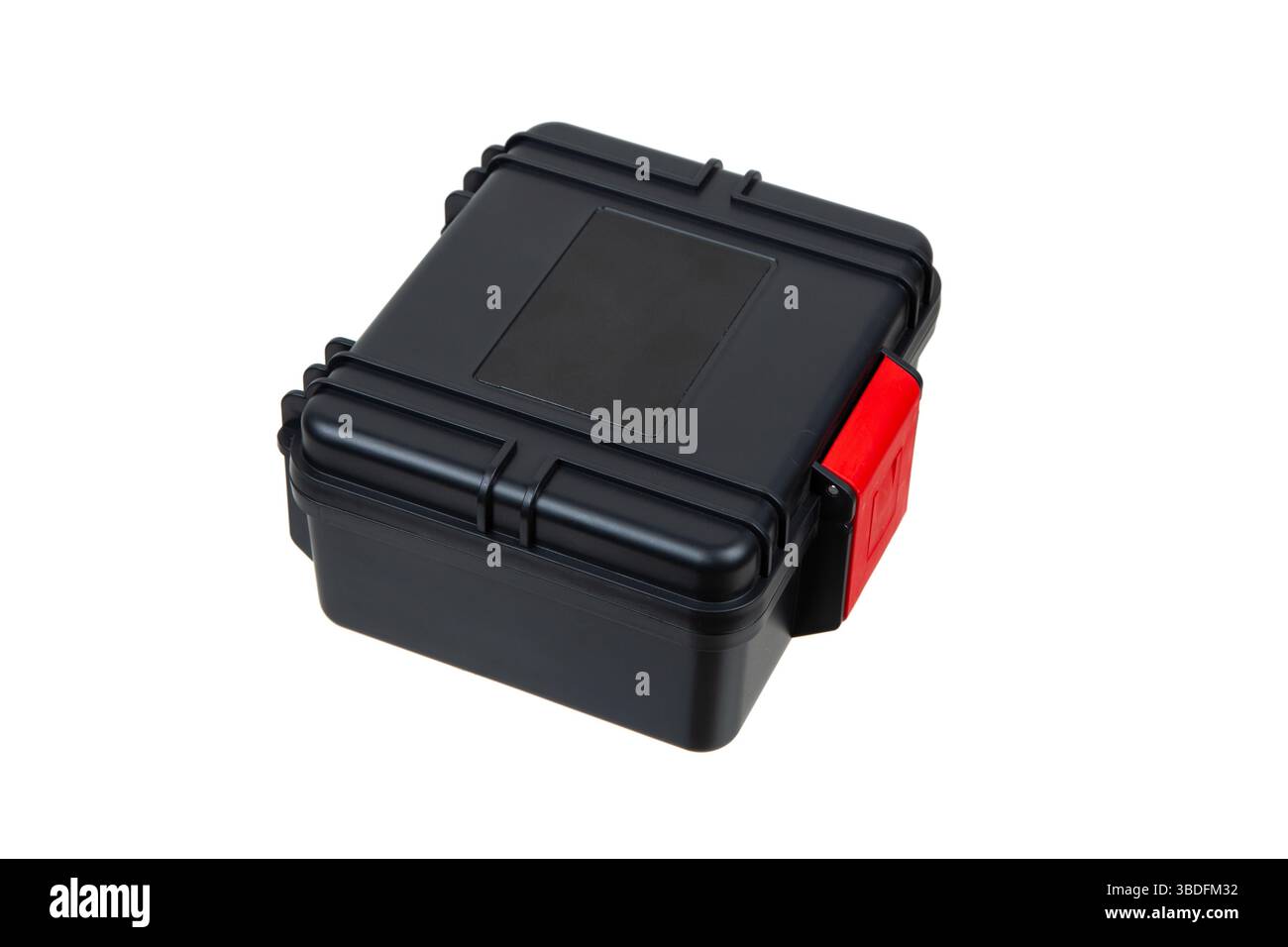 Black hard plastic protective case with red latch, isolated on white background. Stock Photo
