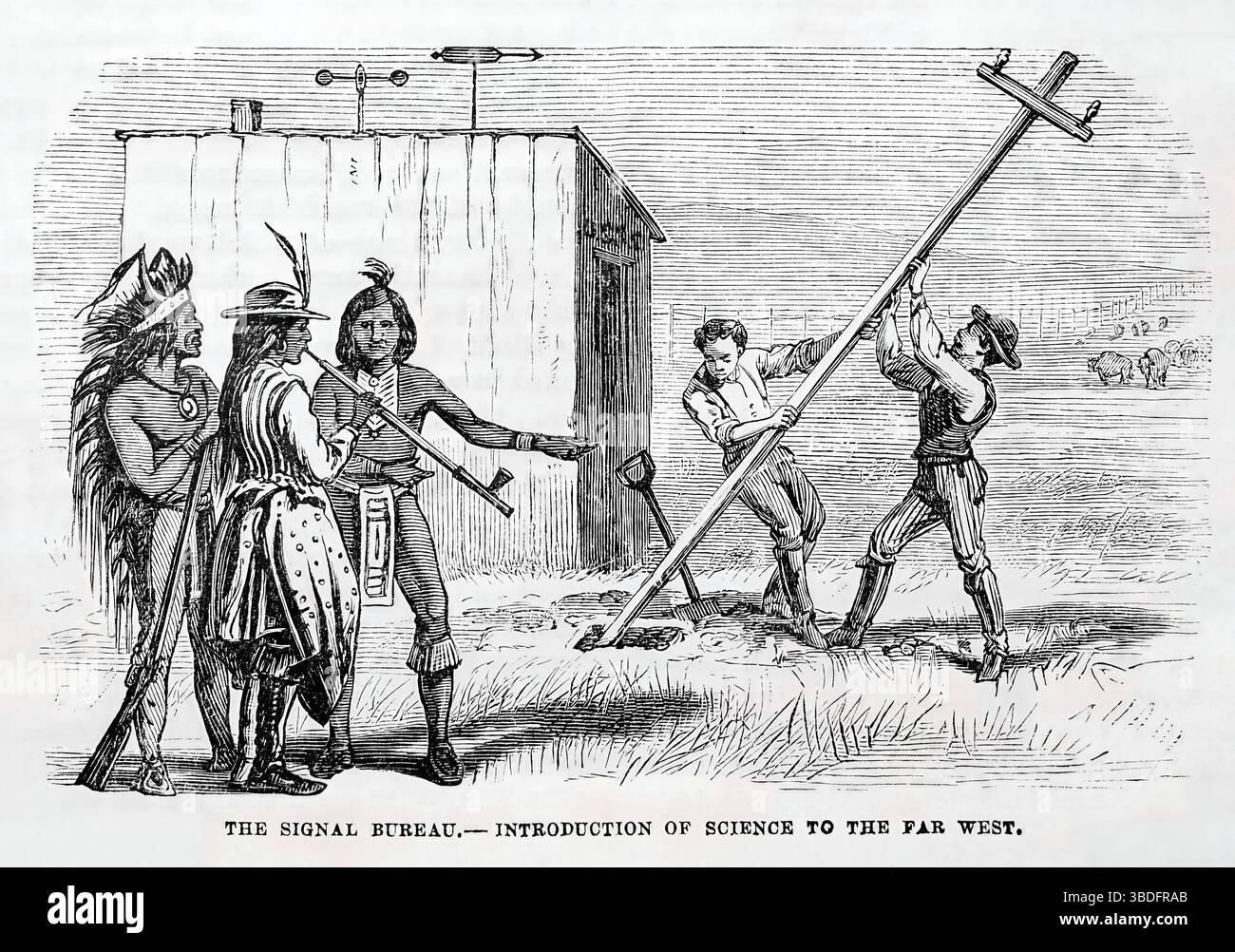U.S. Army Signal Corps Bureau - Introduction of science to the far west (1878). Depicts the Signal Corps putting up transmission poles. 19th century illustration from Frank Leslie's Popular Monthly Stock Photo