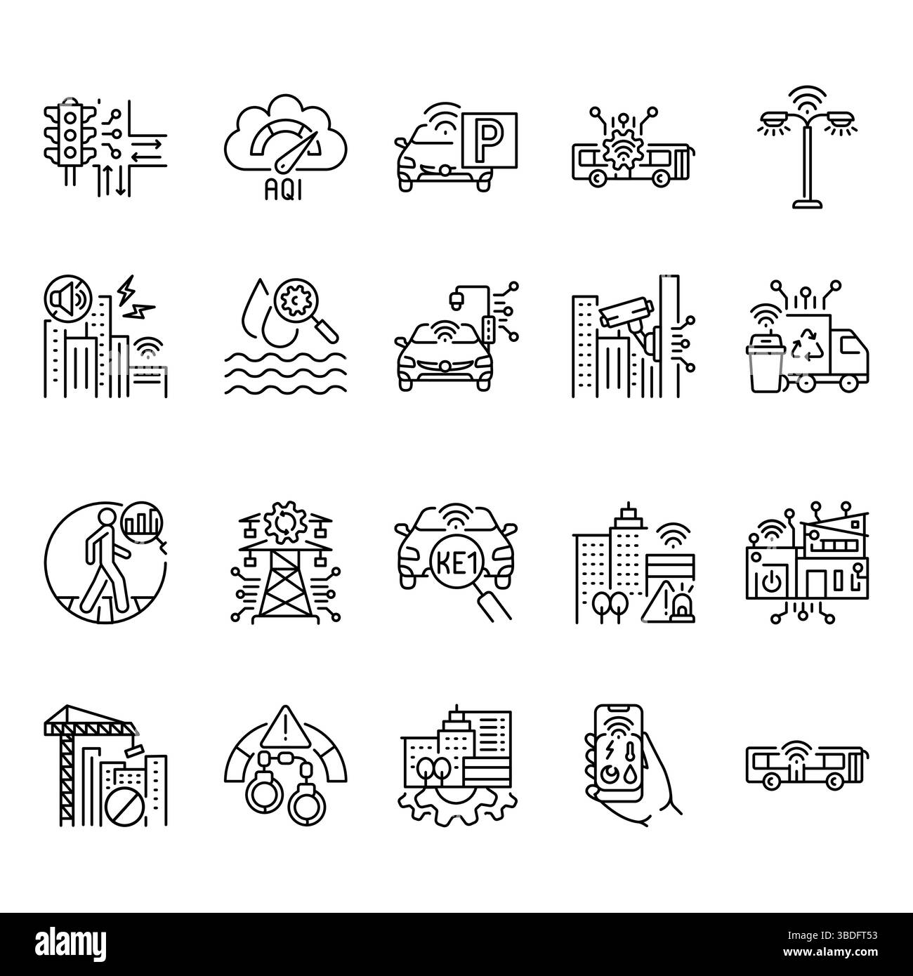 Smart city black line icon. Vector isolated element. Editable stroke. Stock Vector