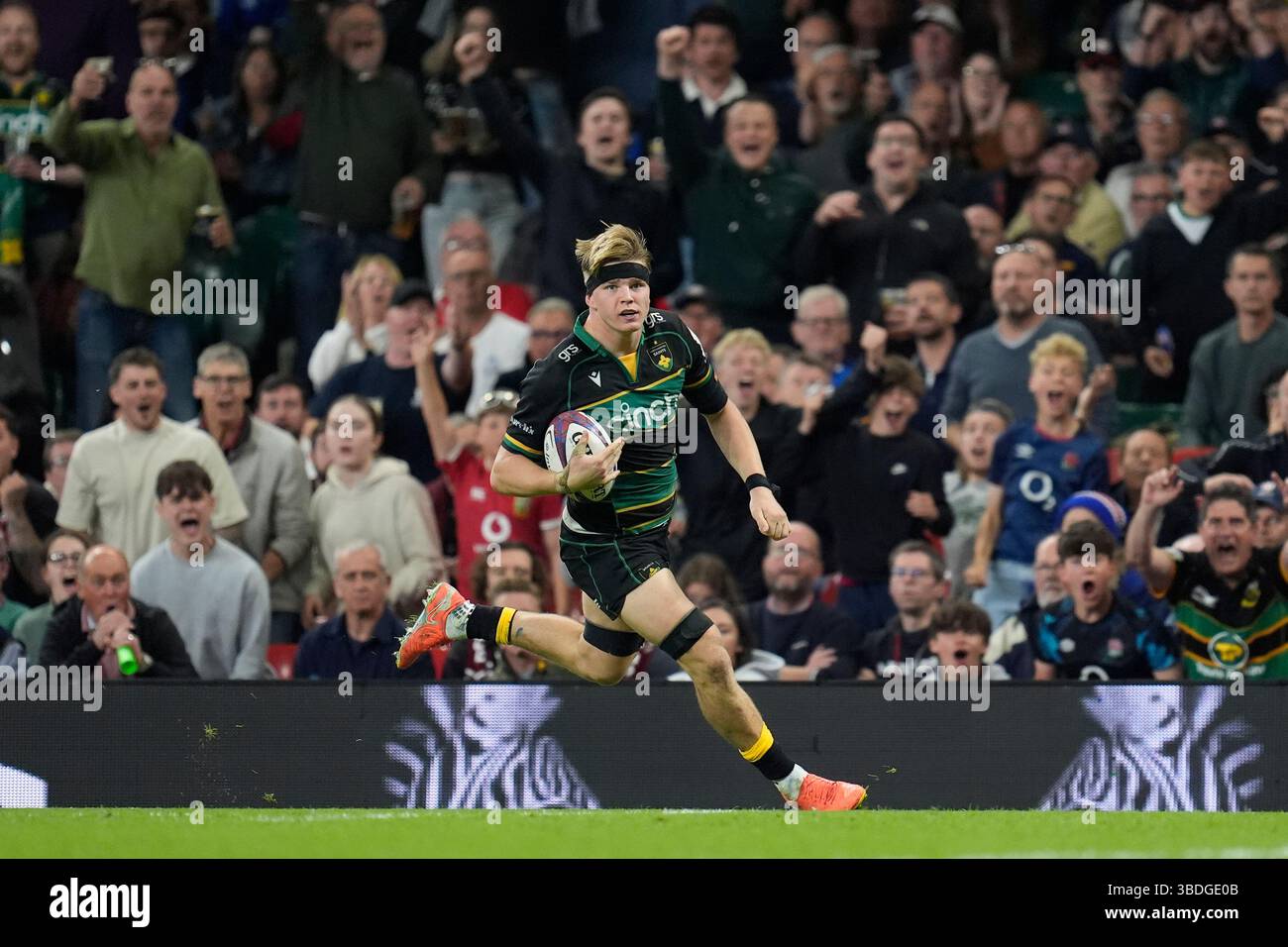Northampton Saints' Henry Pollock scoring a try which is ruled out ...