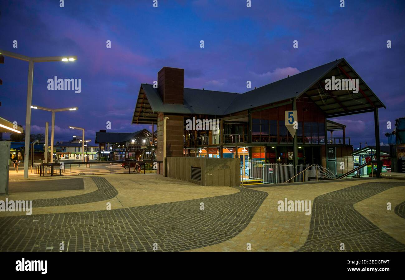 Illuminated Street at Elizabeth Quay River Boat Terminals at Dusk, Perth, Australia, 14 April 2020 Stock Photo
