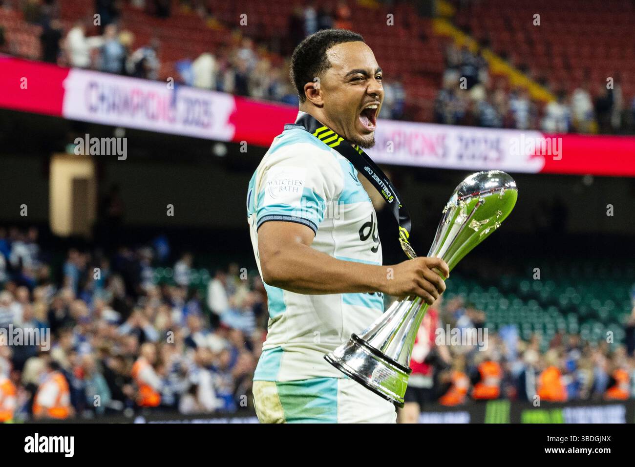 Max Ojomoh of Bath Rugby celebrates after winning the European Rugby ...