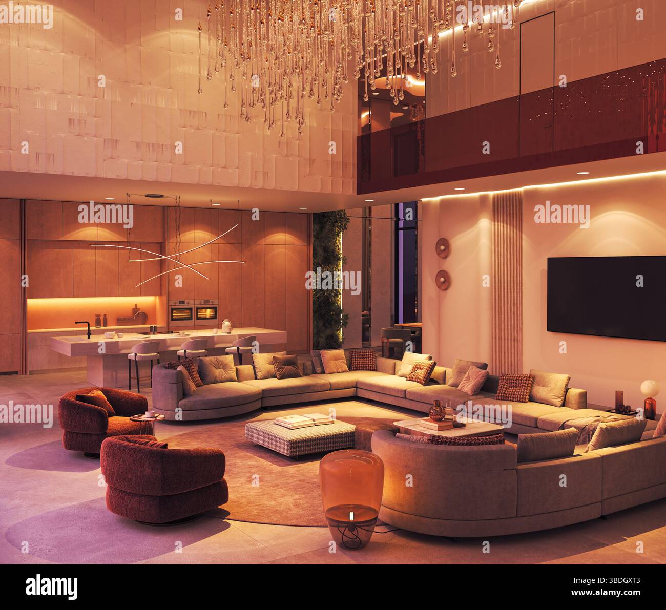 Curated visual reference: Wealthy Open Plan Living Spaces Reference: Luxury Open Plan Living Space With Chandelier And Modern Kitchen