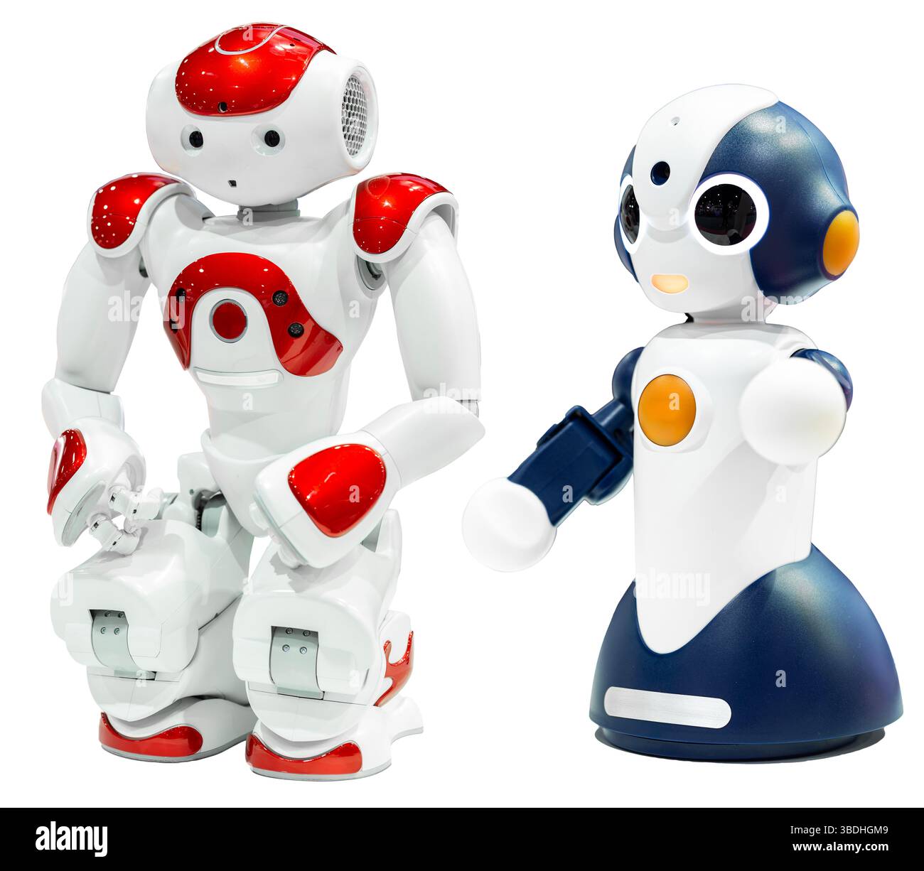 AI small red robot with human face and body isolated on white background. Humanoid. Artificial Intelligence. Stock Photo