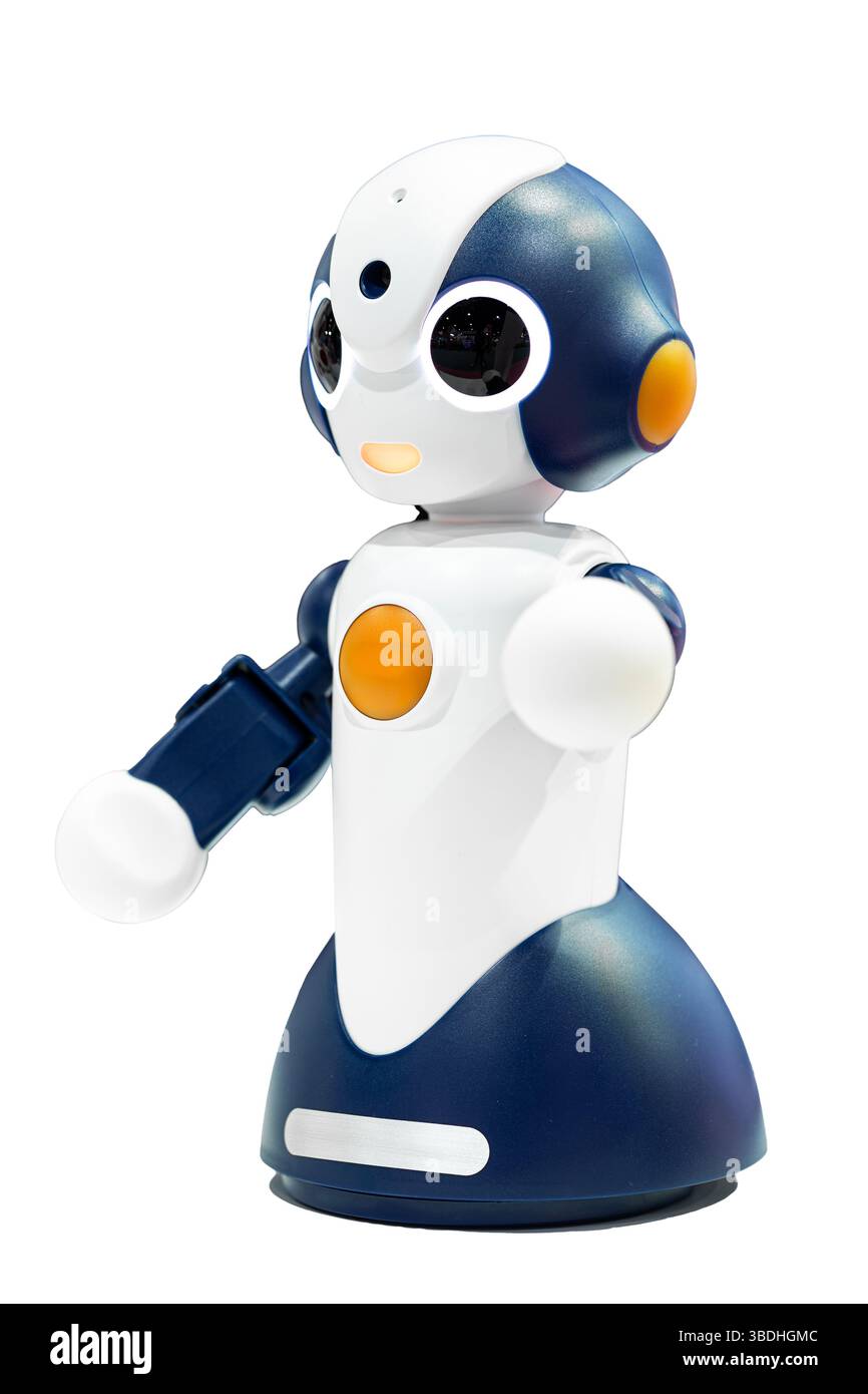 AI small red robot with human face and body isolated on white background. Humanoid. Artificial Intelligence. Stock Photo