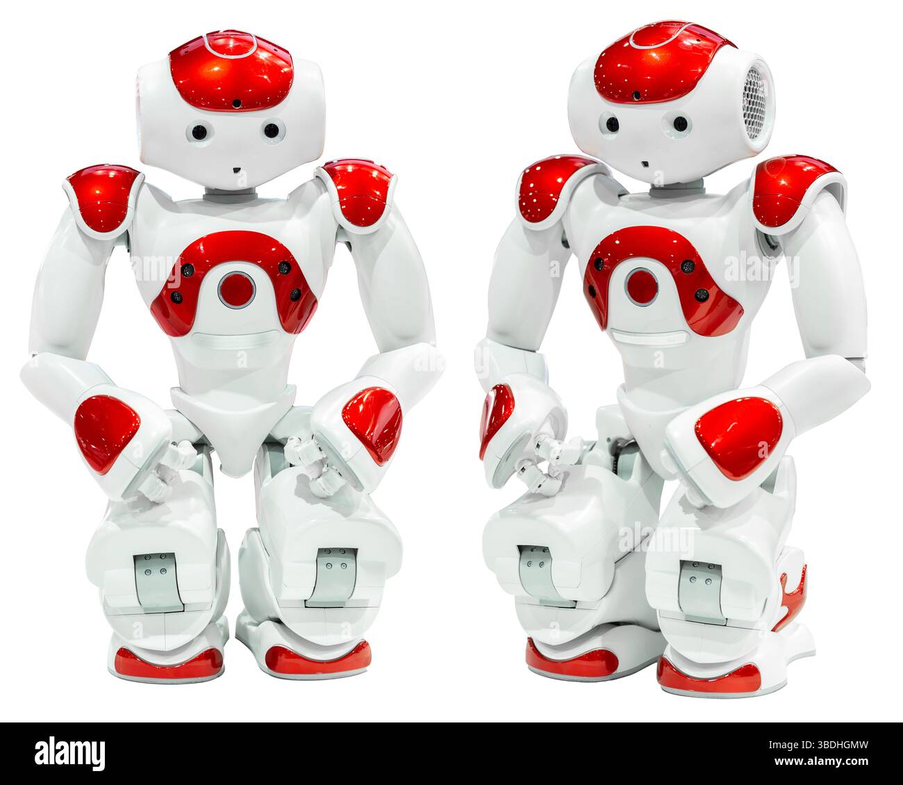 AI small red robot with human face and body isolated on white background. Humanoid. Artificial Intelligence. Stock Photo