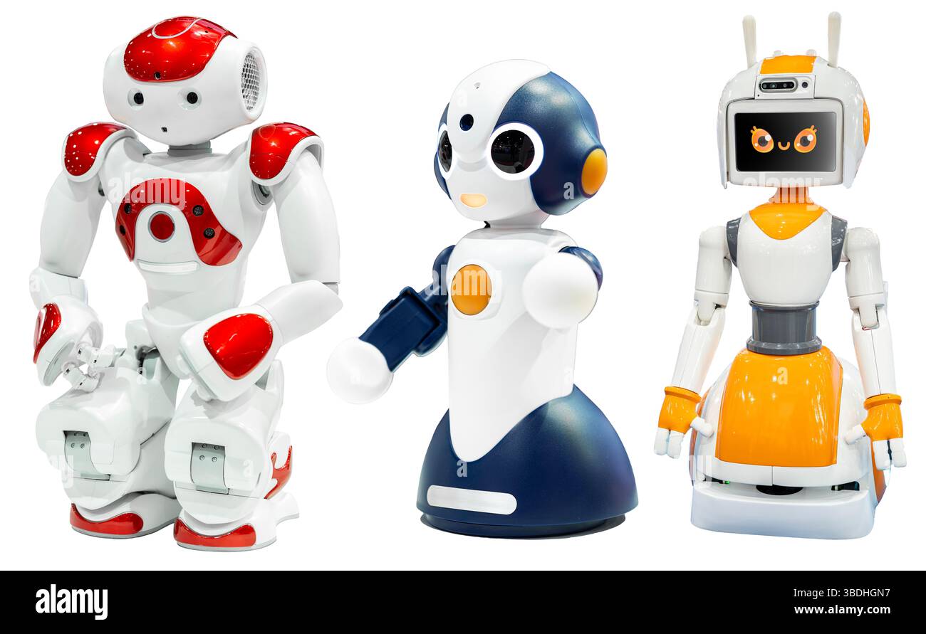 AI small red robot with human face and body isolated on white background. Humanoid. Artificial Intelligence. Stock Photo