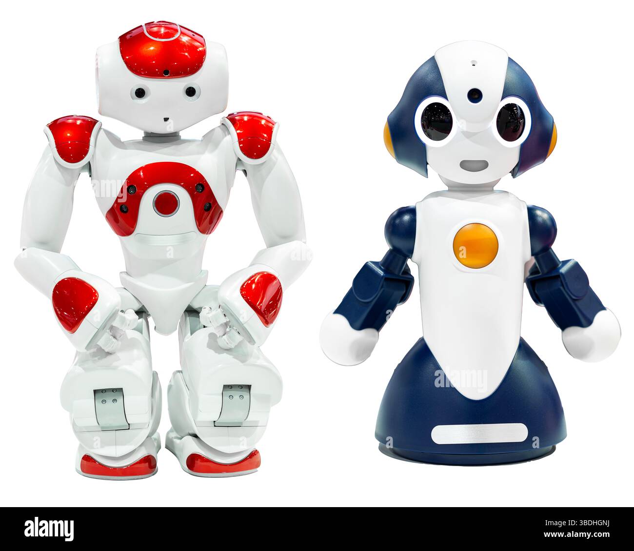 AI small red robot with human face and body isolated on white background. Humanoid. Artificial Intelligence. Stock Photo