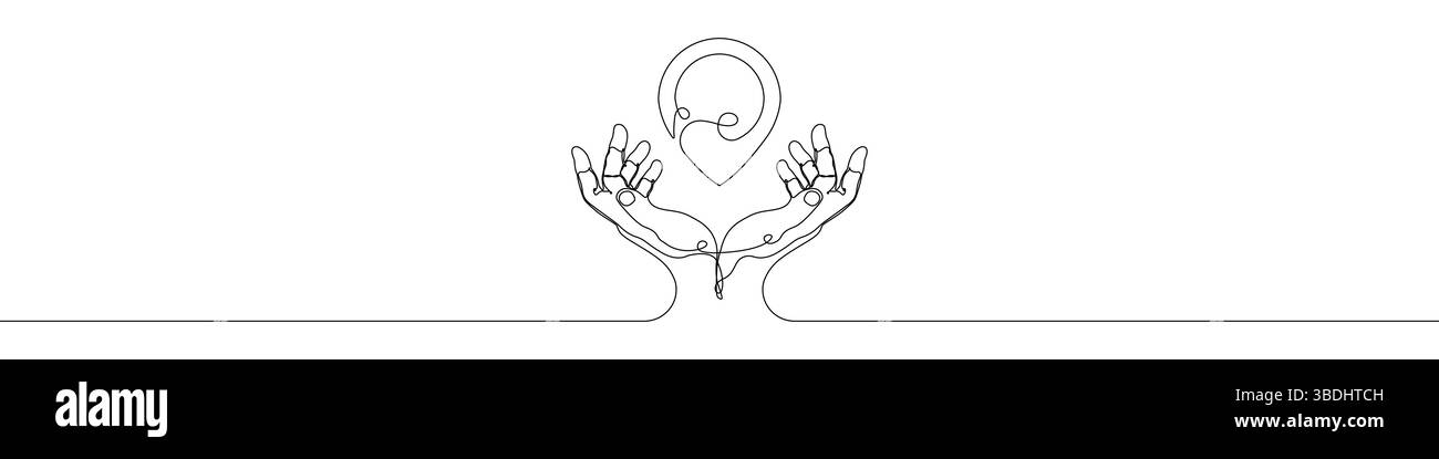 One line Geolocation hand icon vector background. Map pin with hands ...