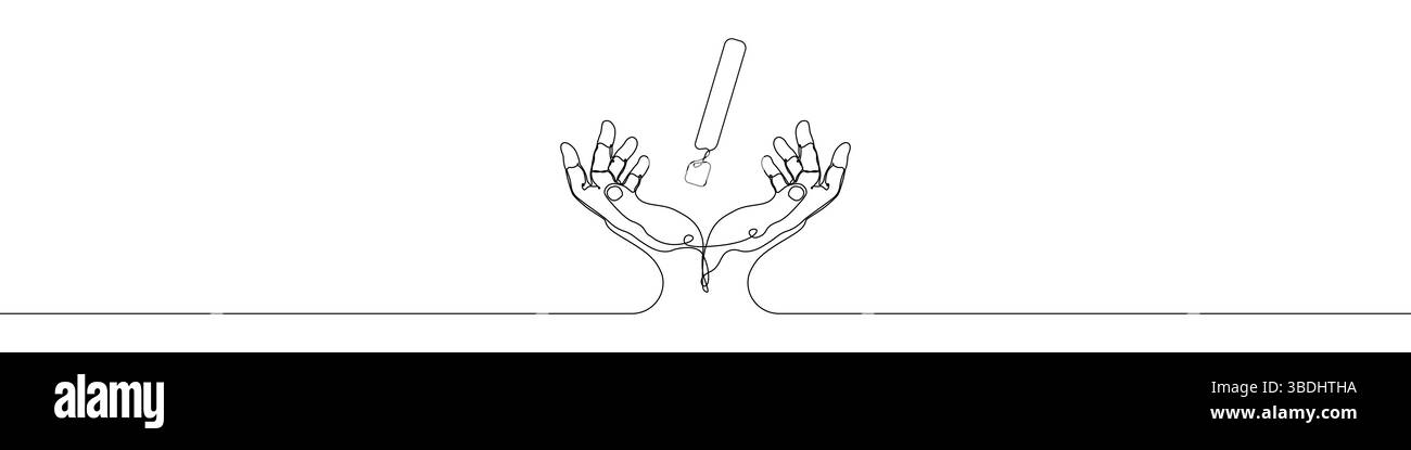 One line Exclamation mark hand icon vector background. Exclamation mark with hands icon. Continuous outline of a Stock Vector