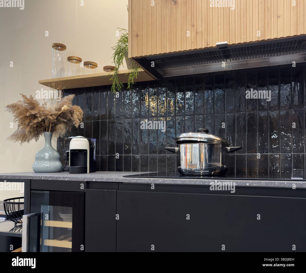 Modern kitchen display with black tile backsplash, matte black cabinets ...