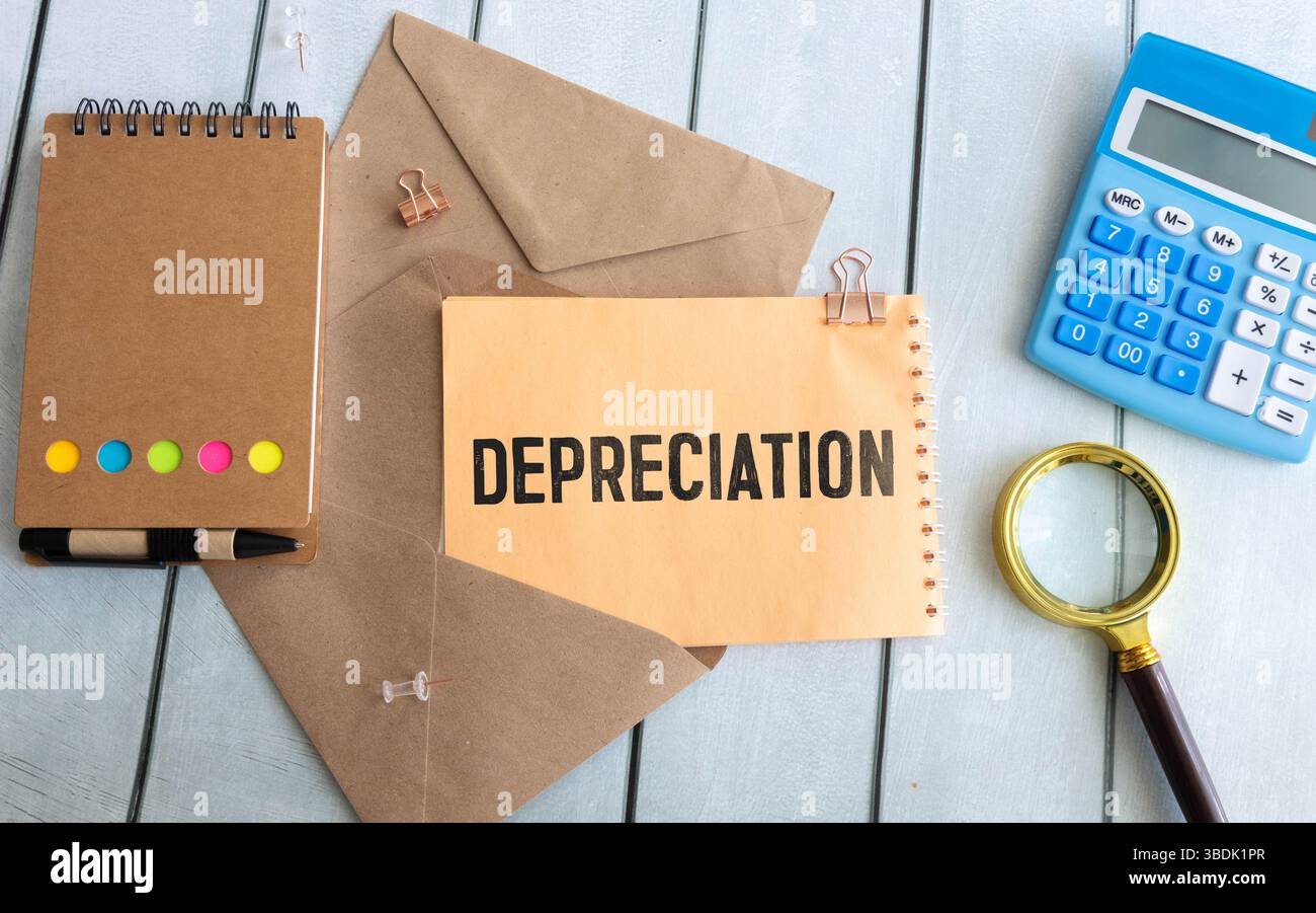 Depreciation is shown using a text and charts. Stock Photo