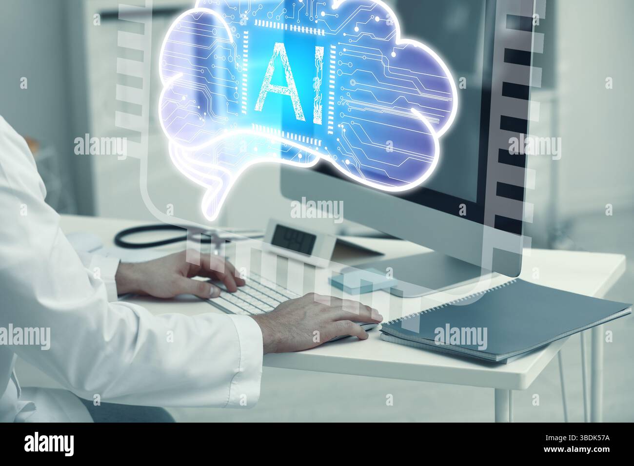 Doctor using computer with AI virtual screen at table, closeup. Artificial intelligence in medicine Stock Photo