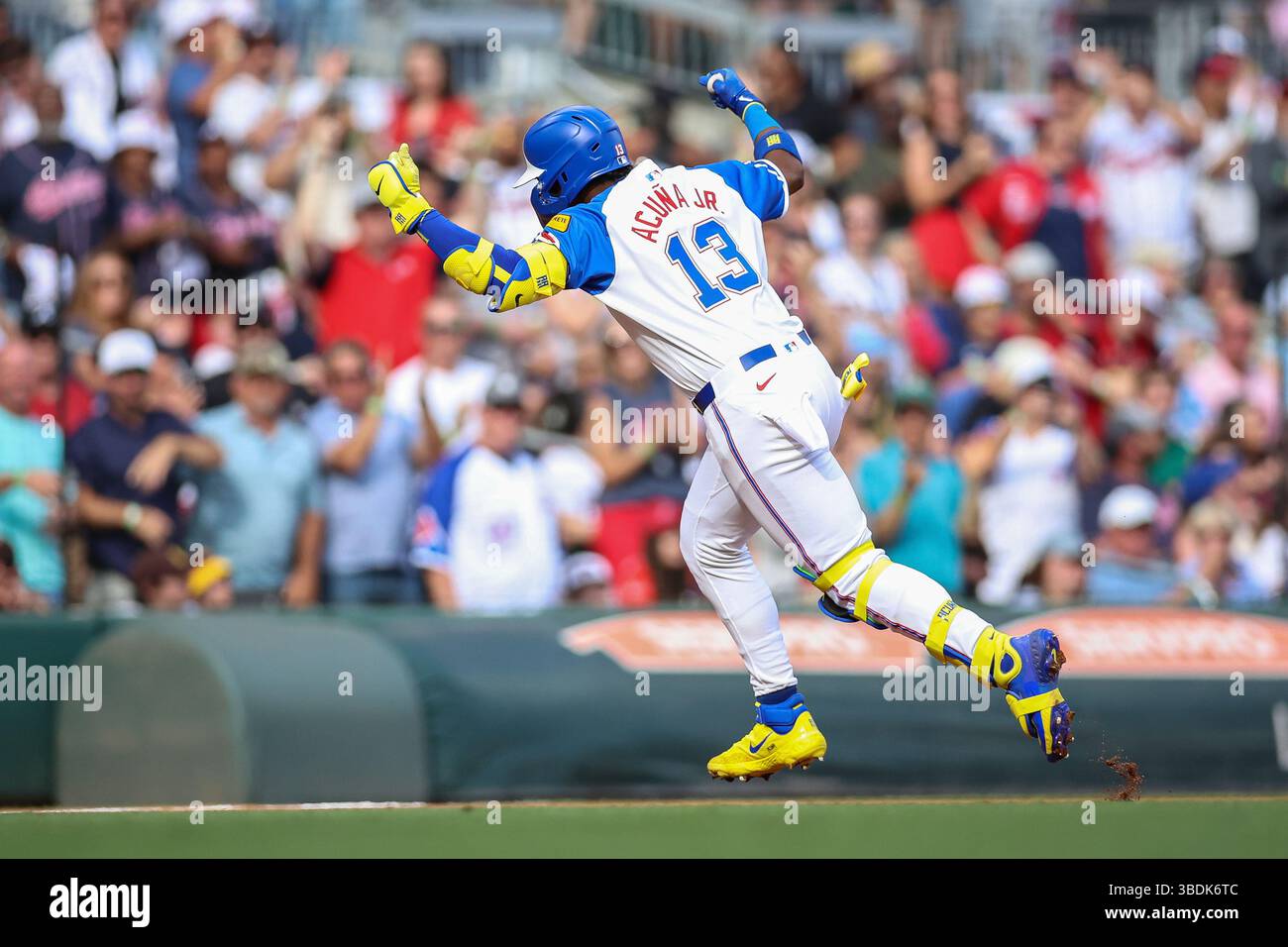 Atlanta Braves' Ronald Acuna Jr. (13) reacts after hitting a two-run ...