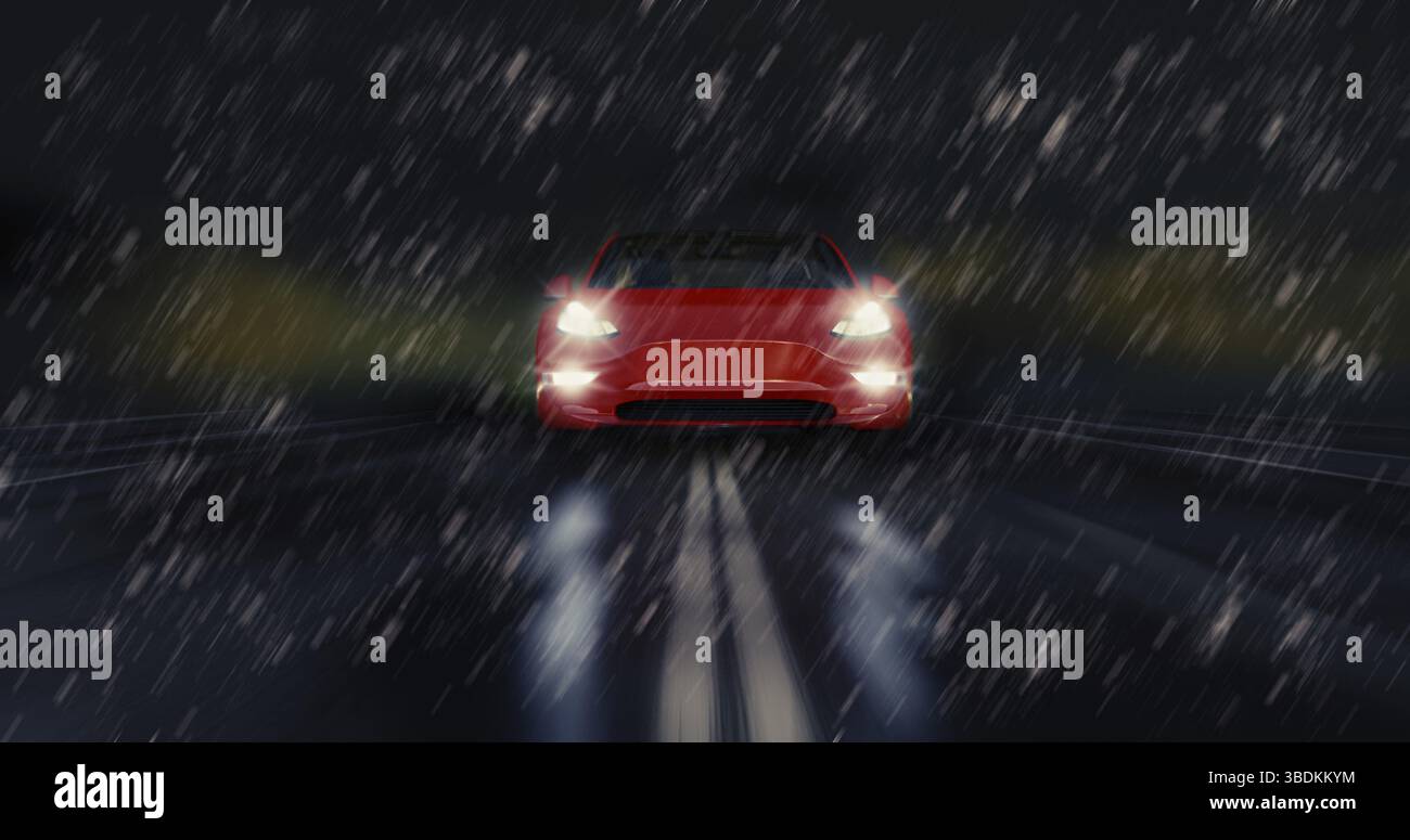 Red sports car drives fast through the rainy night, safety saisonal weather tire concept Stock Photo
