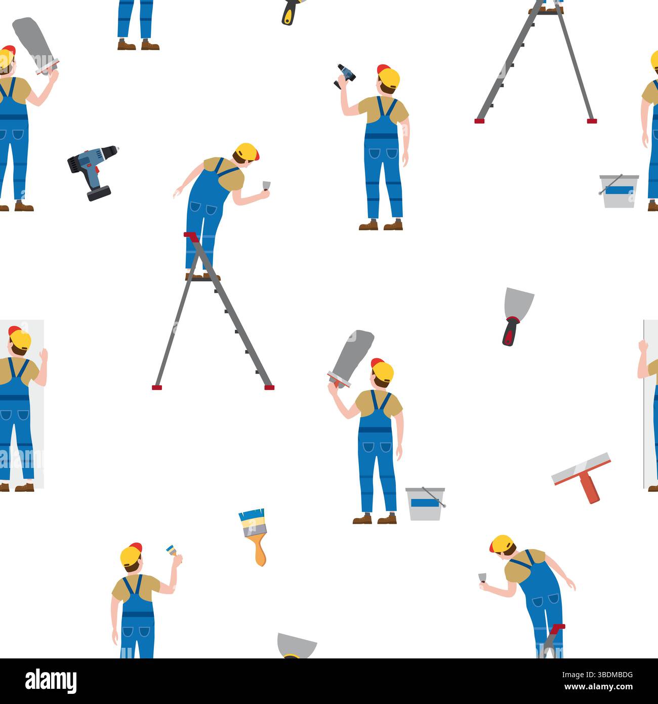 Seamless pattern construction workers uniforms repair on construction site Stock Vector