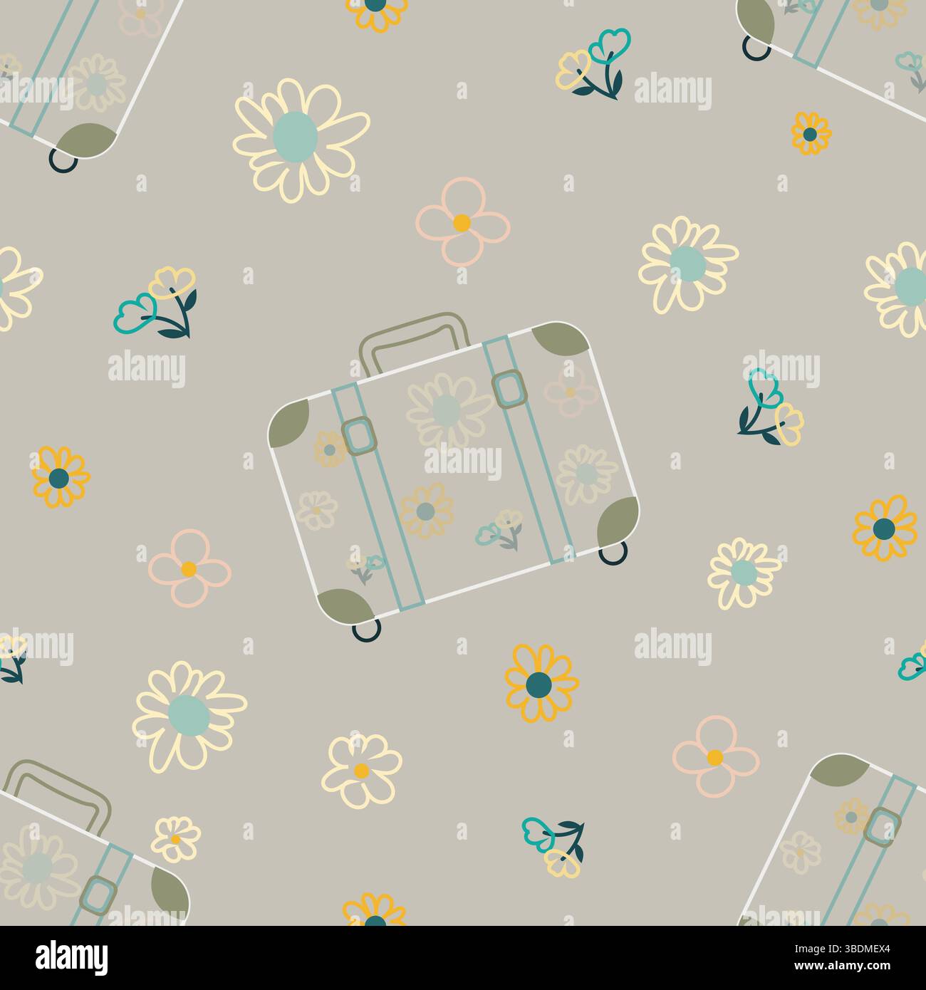 Outlined suitcase pattern with retro floral design Stock Vector
