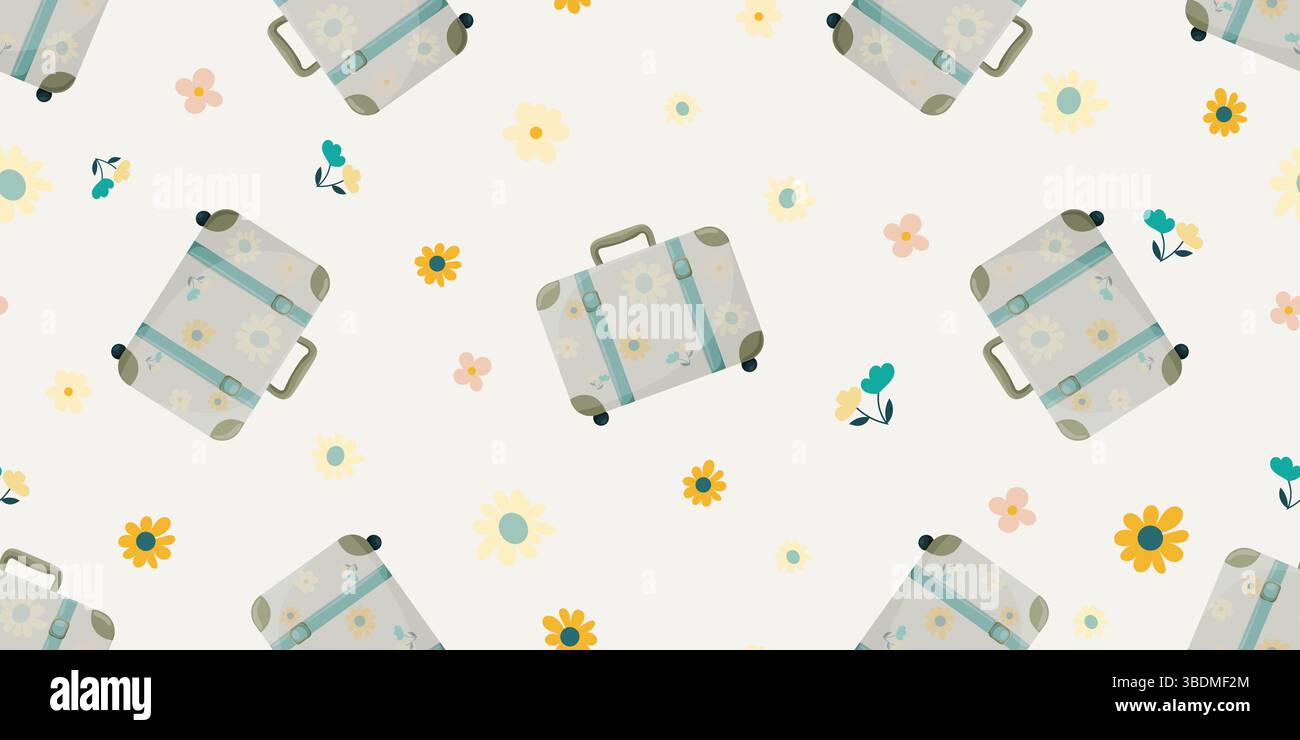 Retro travel suitcase pattern with flowers Stock Vector