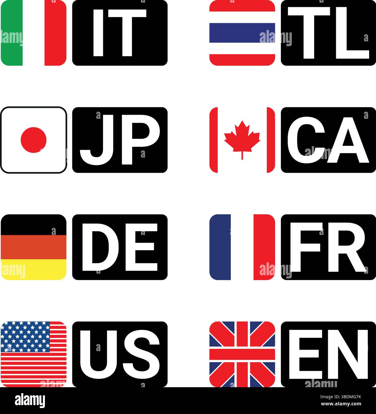 country flags with language and region codes including us, uk, jp, fr, de, ca, it shown in boxes Stock Vector