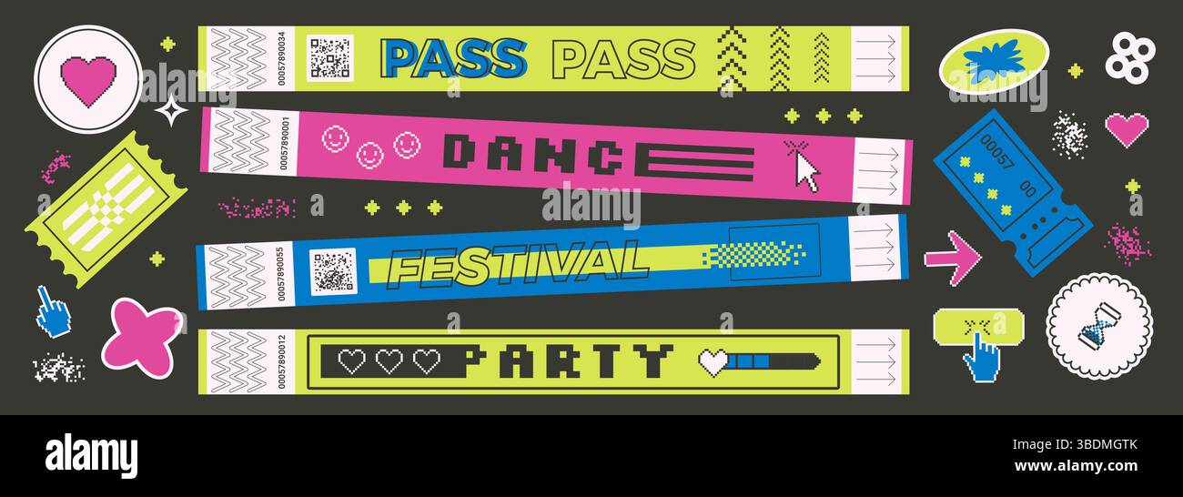 Stickers shapes and hand bracelet tickets set. Music festival, party ...