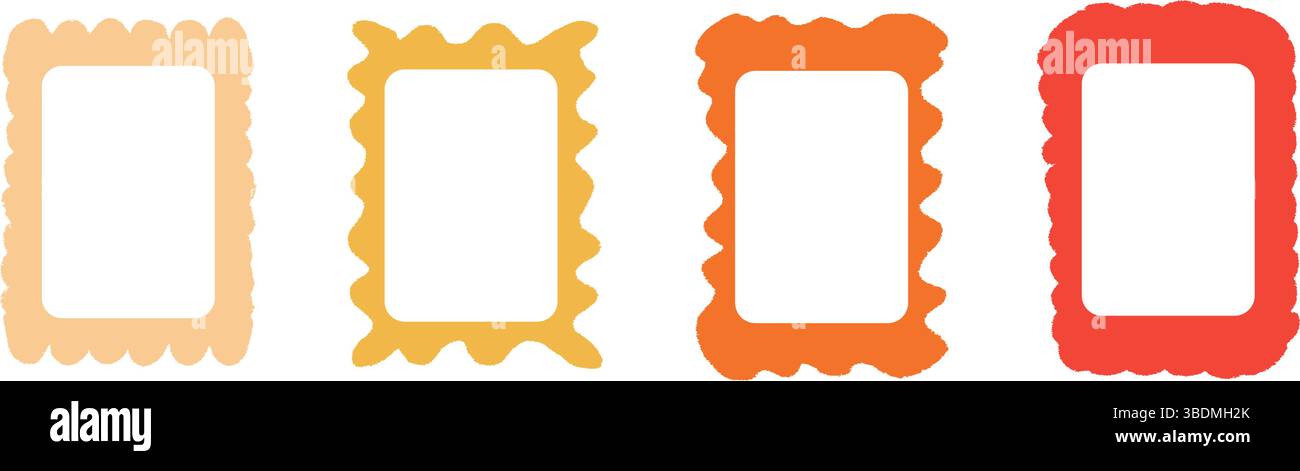 Scallop text boxes irregular frames hand drawn. Wavy groovy rectangle borders by crayon isolated on white background. Wobbly y2k decorative callouts e Stock Vector