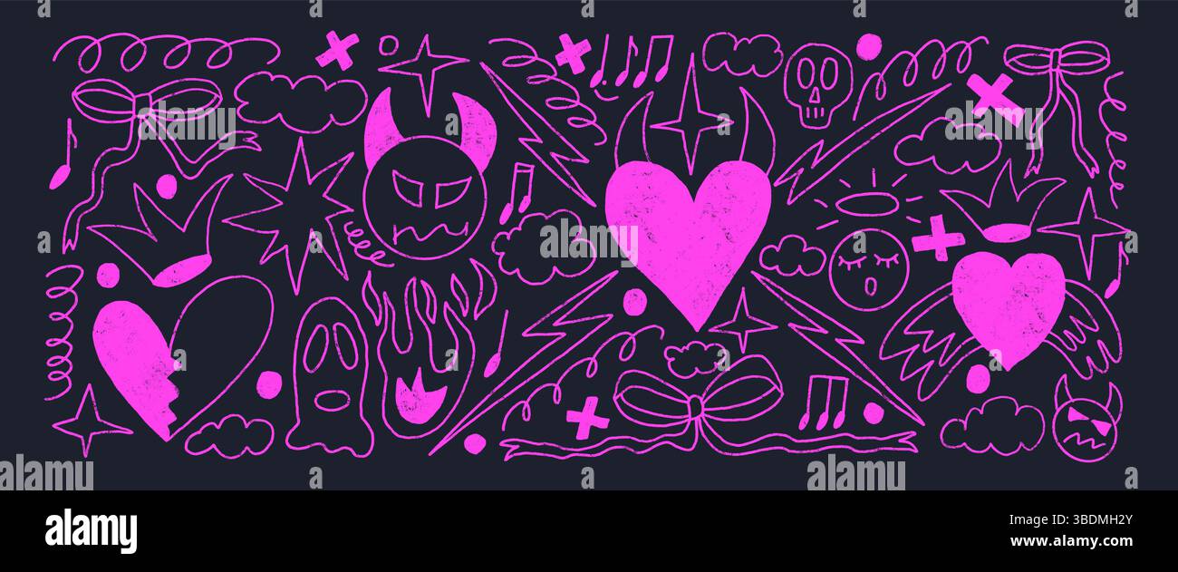 Neon breaking heart line doodles set. Devil and angels purple crayon drawn background. Scribble grunge elements. Hearts, bows, clouds and sketch shape Stock Vector