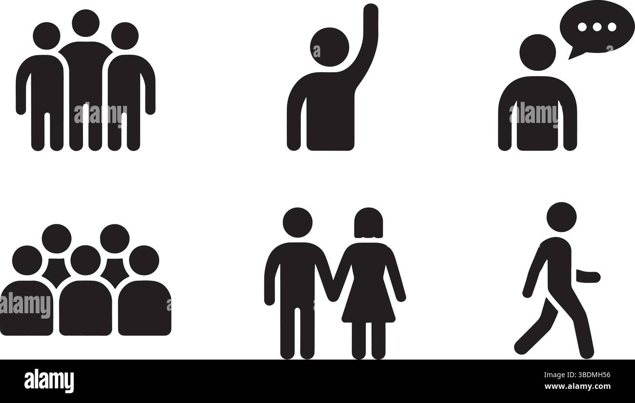 A set of solid black icons representing various aspects of people and ...