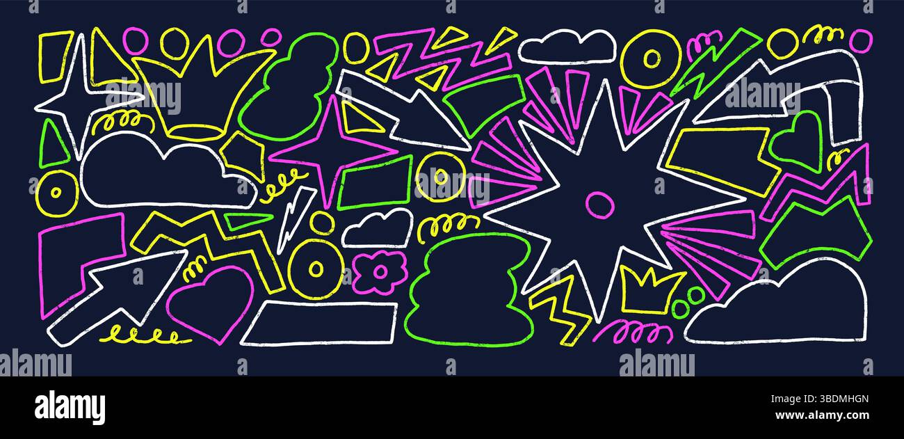 Geometric shapes line doodles set. Stars, crown, arrows vector figures by vibrant pencil Organic colorful playful stickers doodle on dark background. Stock Vector