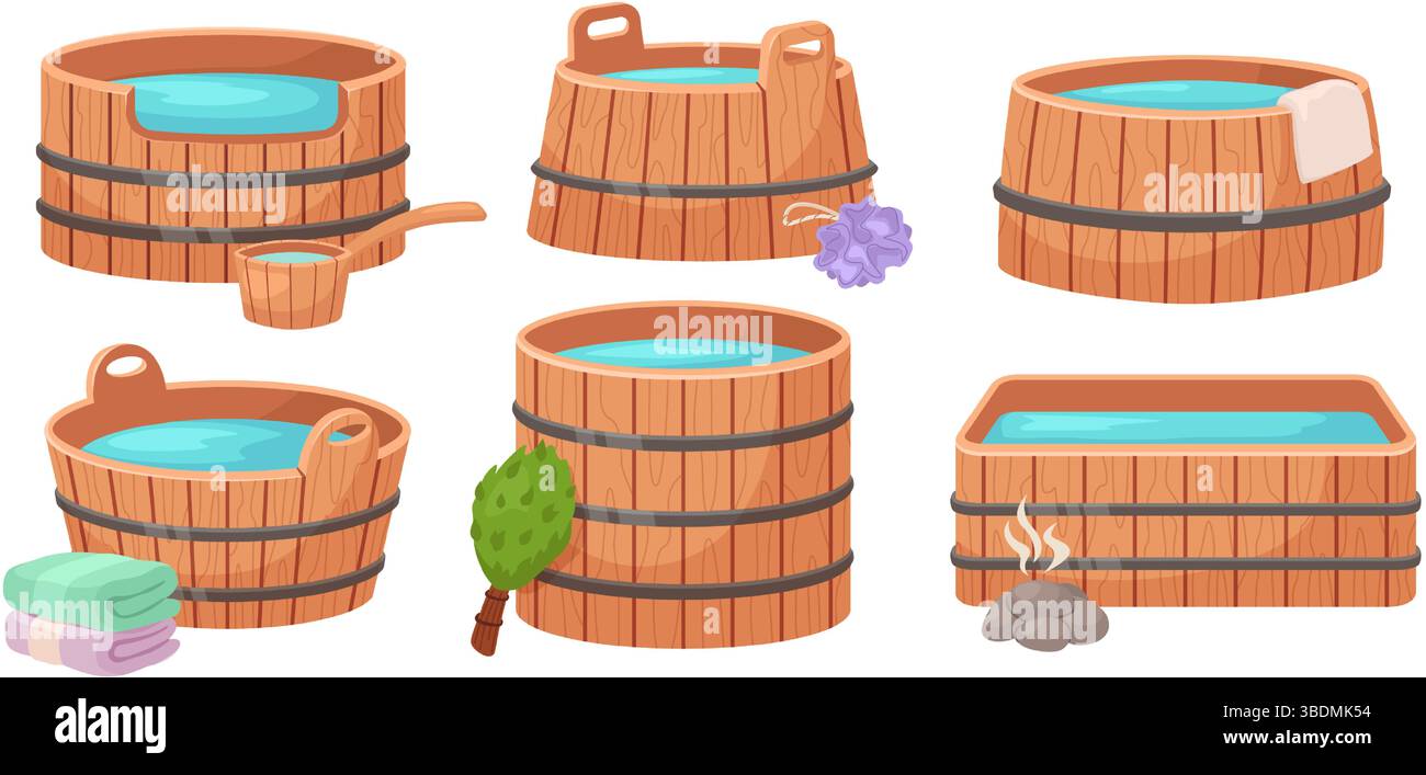 Wooden bath. Cartoon wood tubs with hot water, barrel for traditional sauna, banya or Japanese onsen with stones, towel and washcloth, bath broom and Stock Vector
