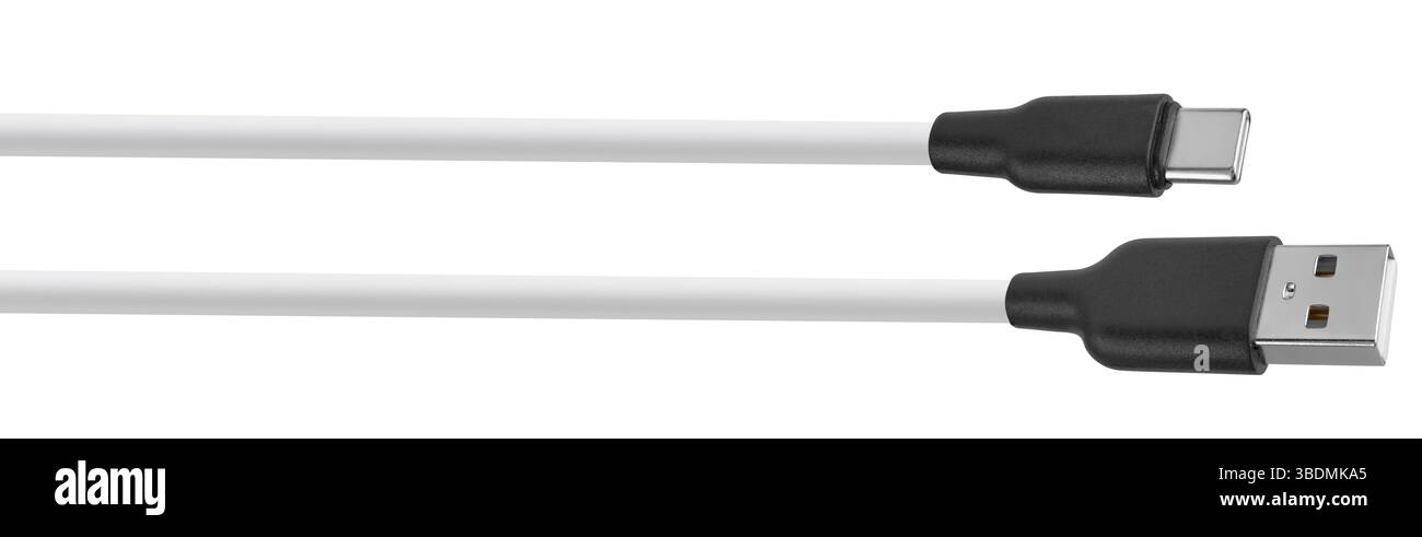 Close-up of a white USB Type-C cable with metal tips. On a white background. Stock Photo
