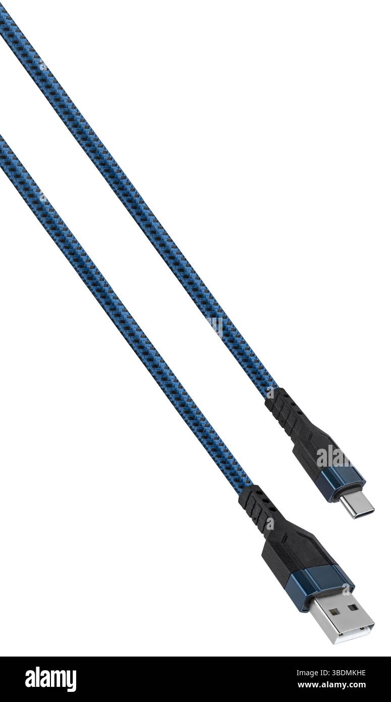 Close-up of cable with USB and Type-C connectors, On white background. Suitable for charging and data transfer. Stock Photo