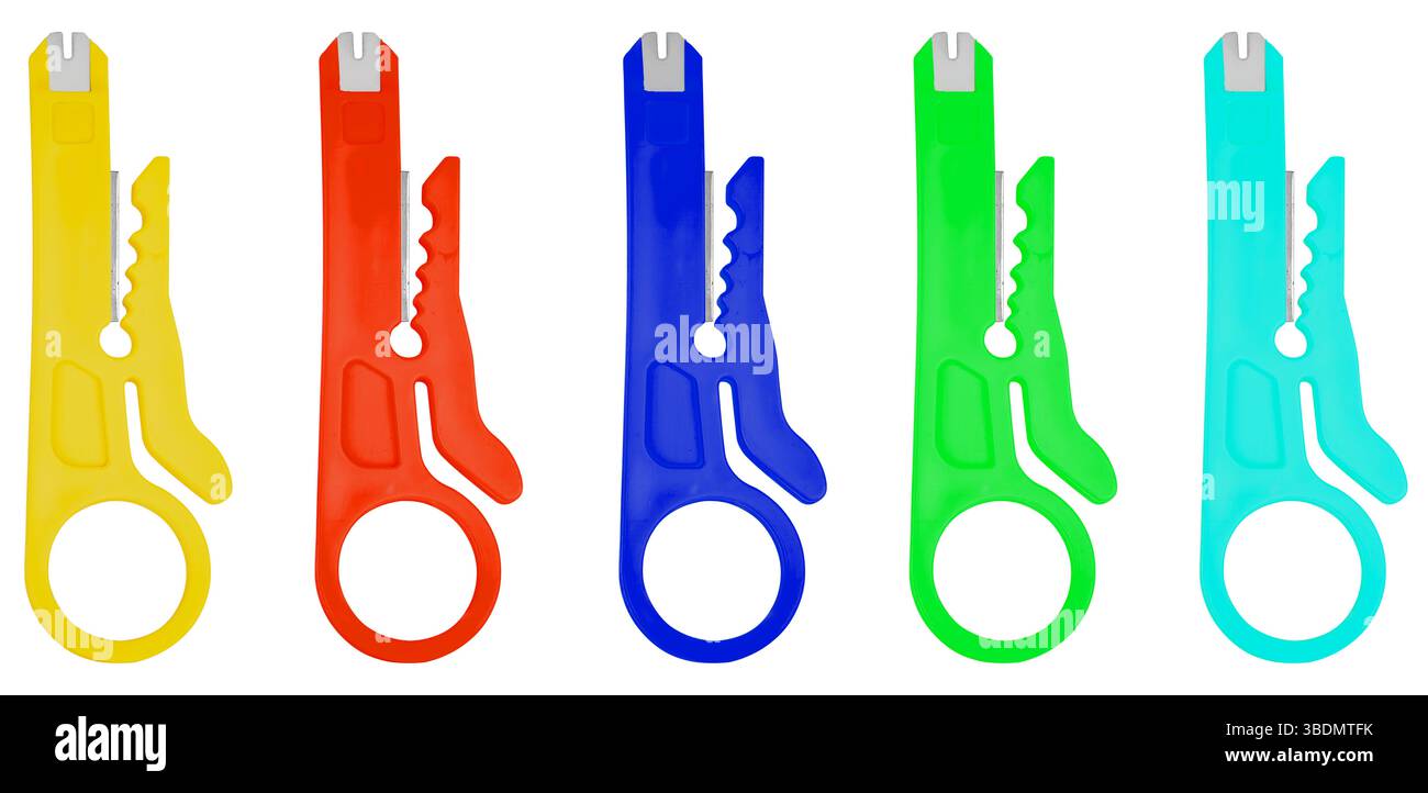 Professional wire stripping knife on white background. Tool for electricians, comfortable in the hand. Stock Photo