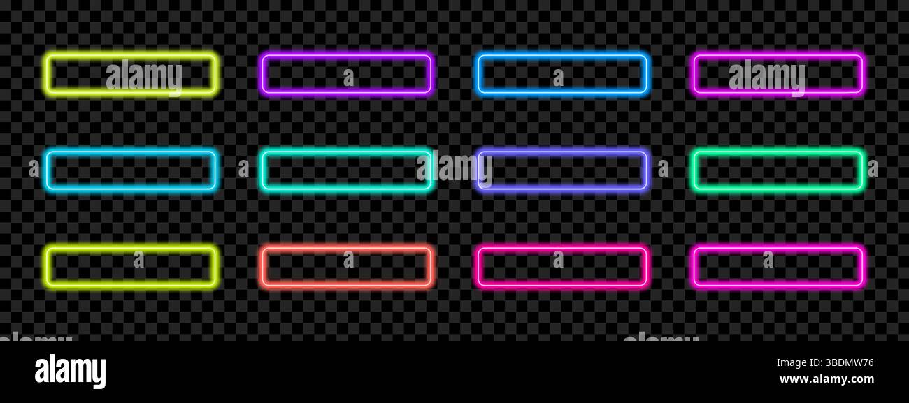 Gradient neon button frames with glowing edges. Isolated vector elements for interfaces Stock Vector