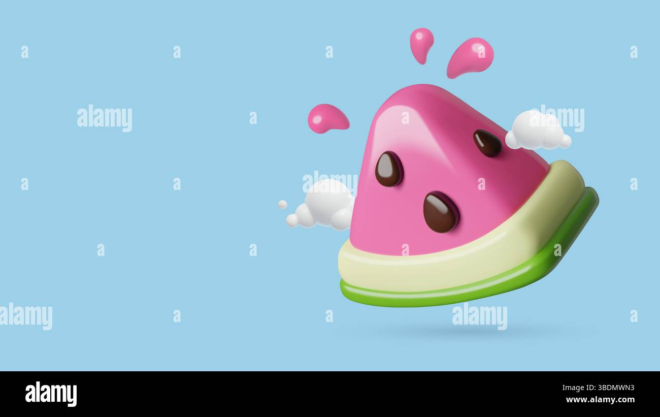 Juicy watermelon piece in clouds cute 3d emoji on sky blue background Stock Vector