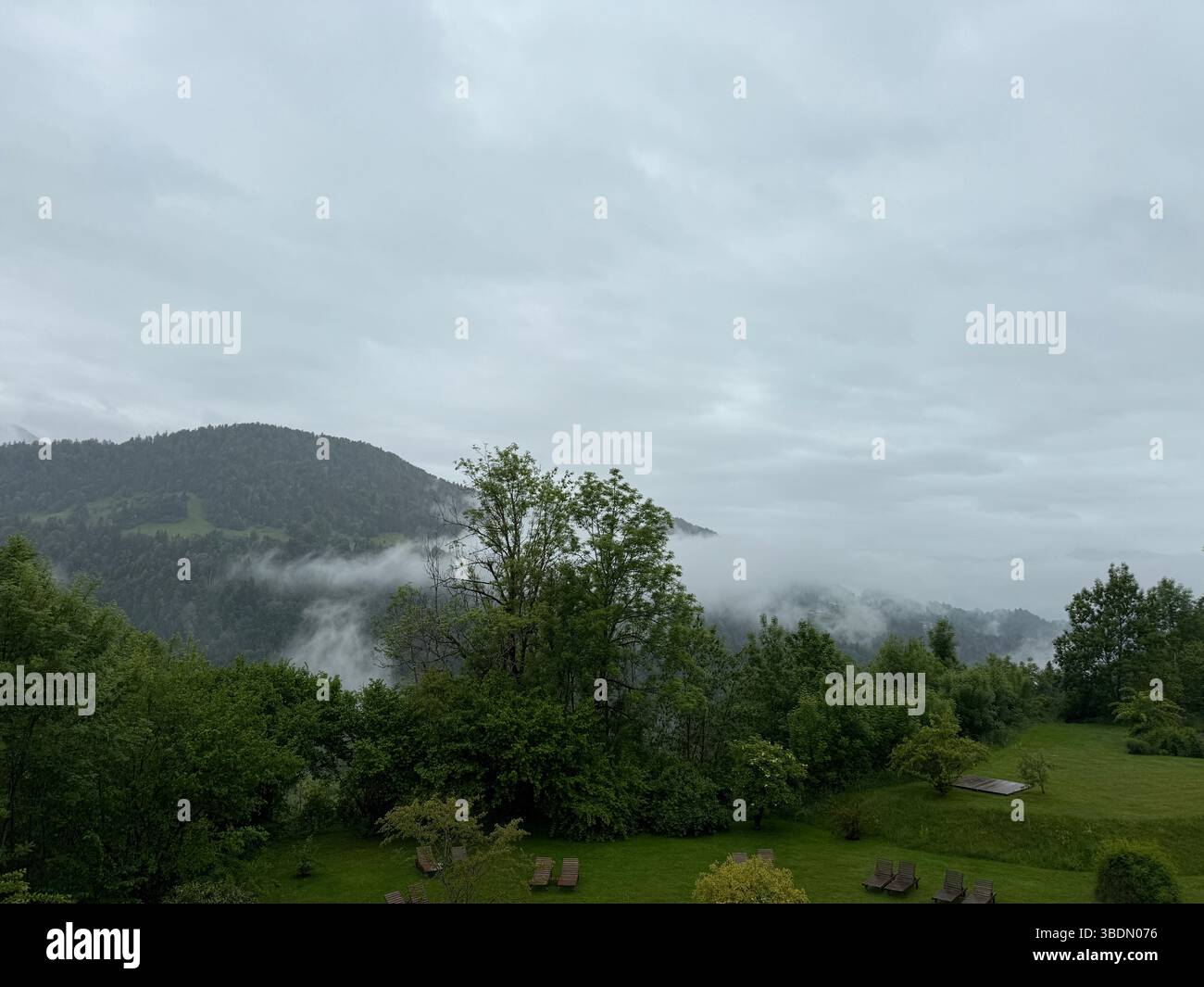Bregenzerwald, Hittisau, Österreich, Nebel, Berghang, neblige Landschaft, Ruhe, Naturwiese, Holzliegen, Entspannung, Achtsamkeit, Regenwetter, Sommerr - Smartphone Captured Stock Image