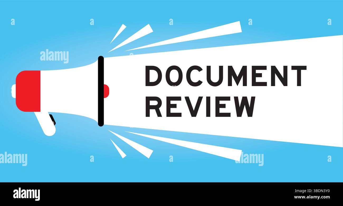 Color megaphone icon with word document review in white banner on blue background Stock Vector
