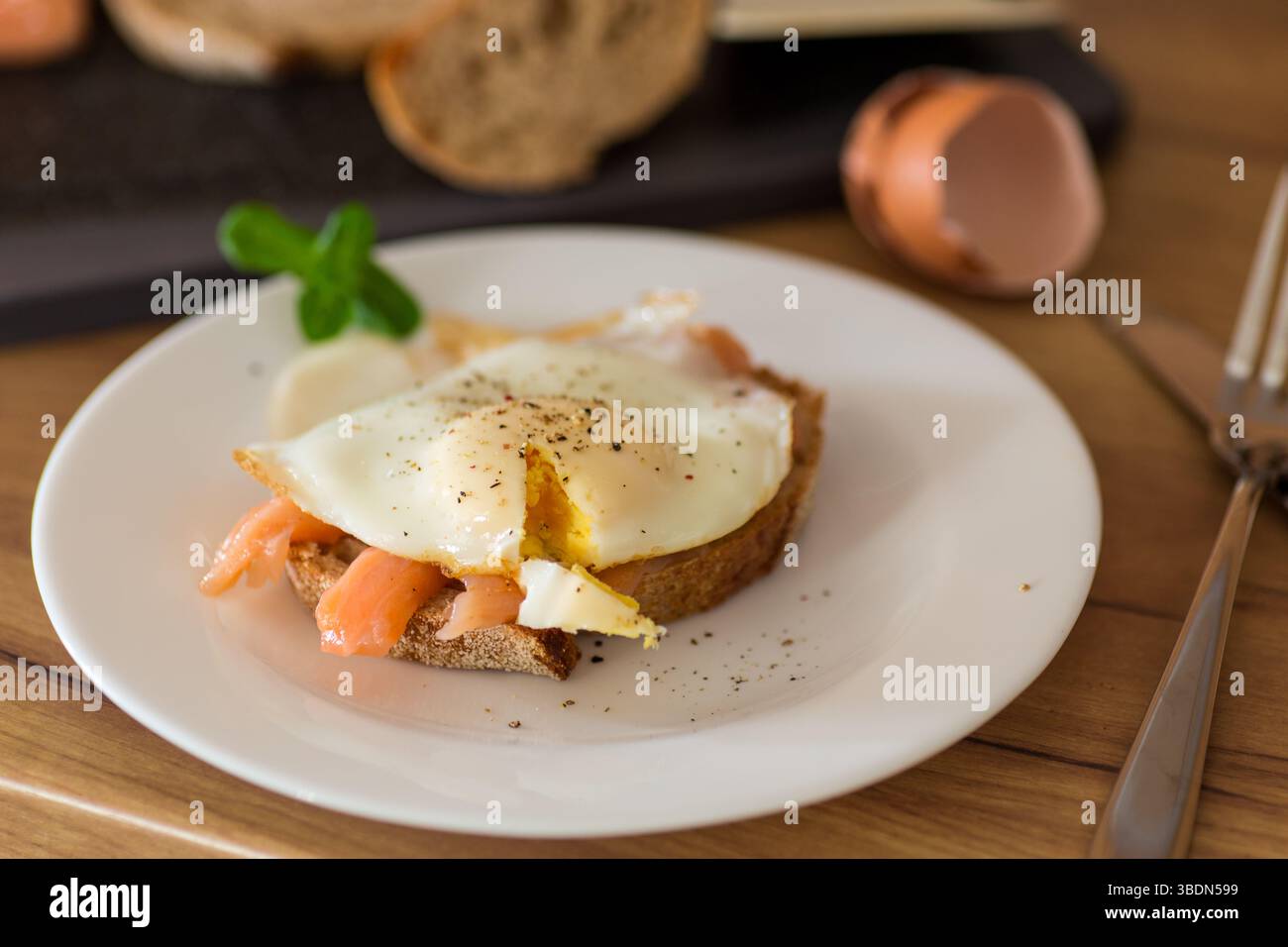 A slice of bread with lightly salted red fish and a cooked egg for breakfast. Stock Photo