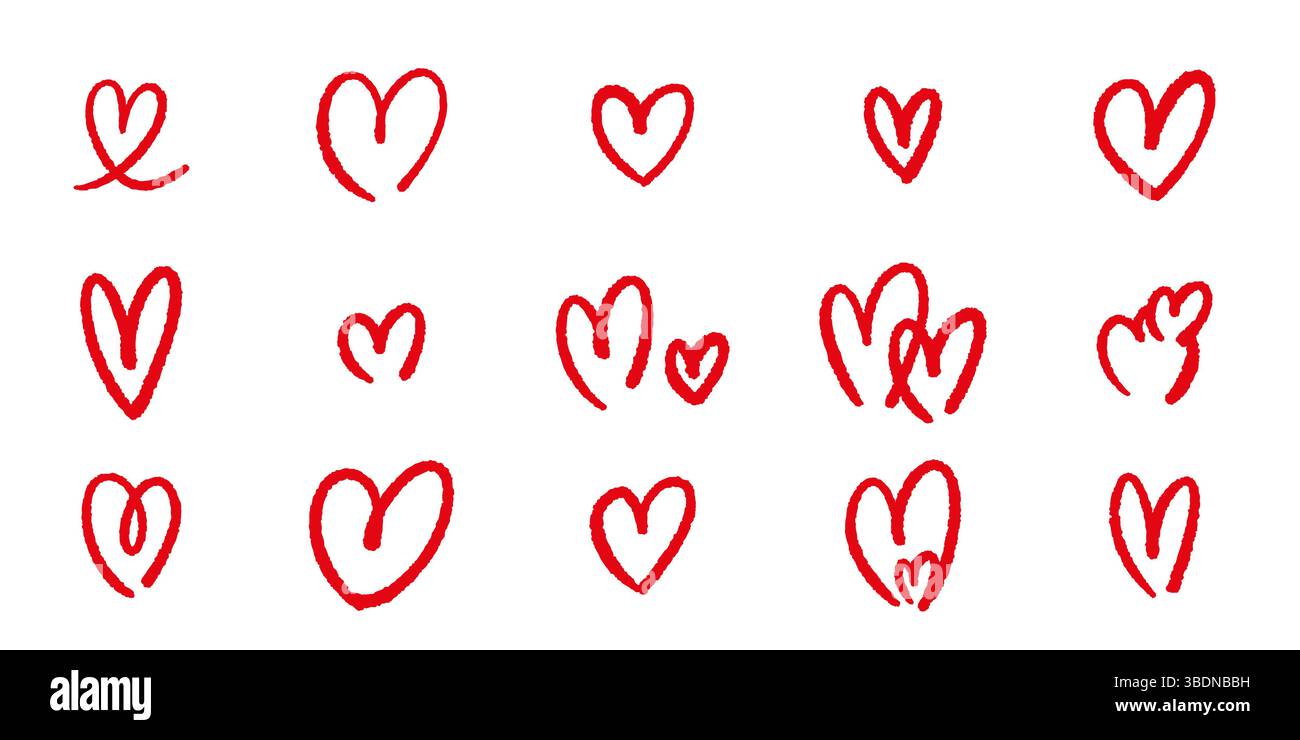 Set of hand drawn red hearts in outline style. Use for love themed ...