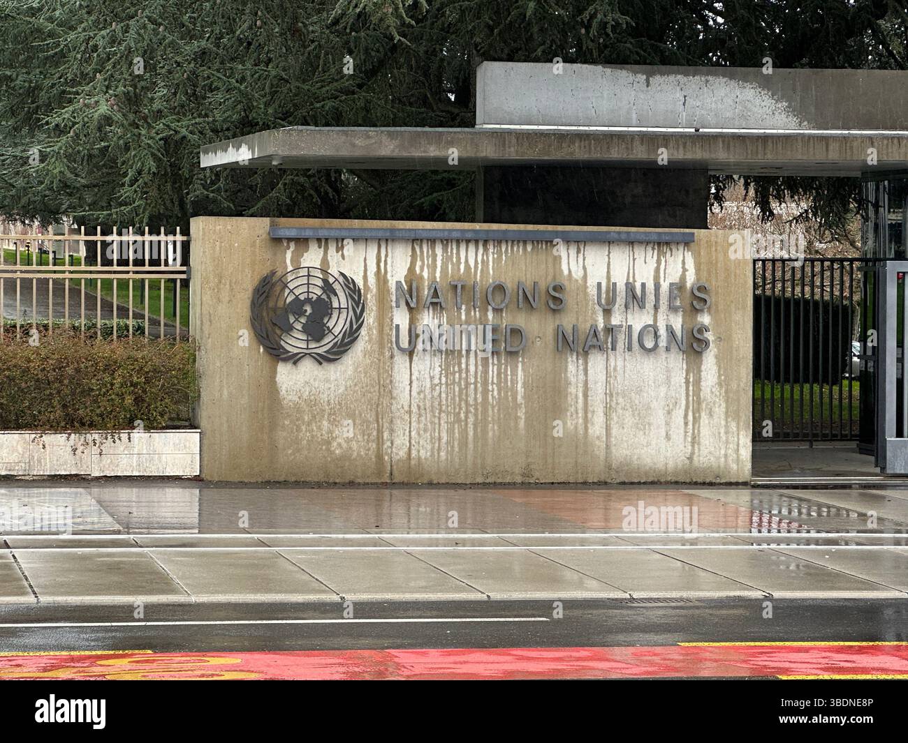 Geneva, Switzerland - Jan 13, 2023: United Nations headquarters in Geneva, Switzerland, showcasing its iconic sign. - Smartphone Captured Stock Image