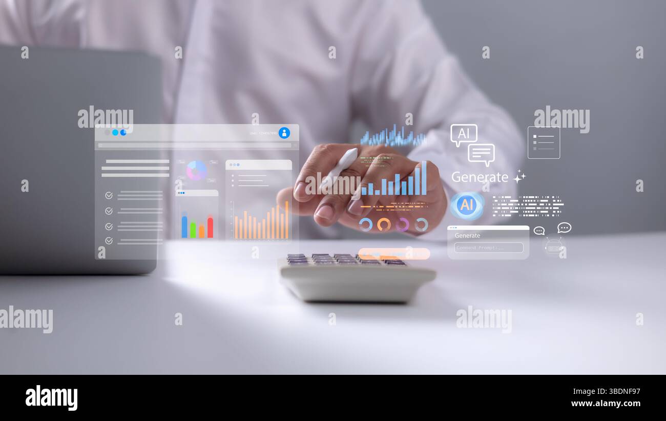 Businessman using AI-powered data analytics tools with digital graphs ...