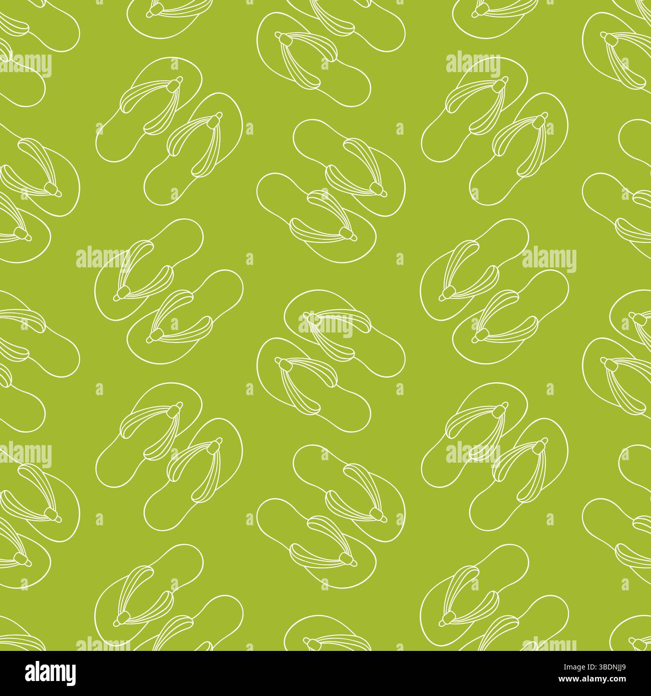 Seamless pattern with flip flops summer shoes in line art style. Slippers design for wallpaper, textile on a green background. Stock Vector