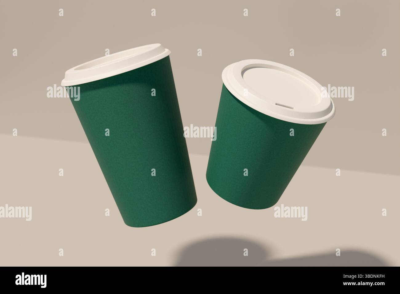 Two green coffee cups in motion for a festive gathering. 3d rendering Stock Photo