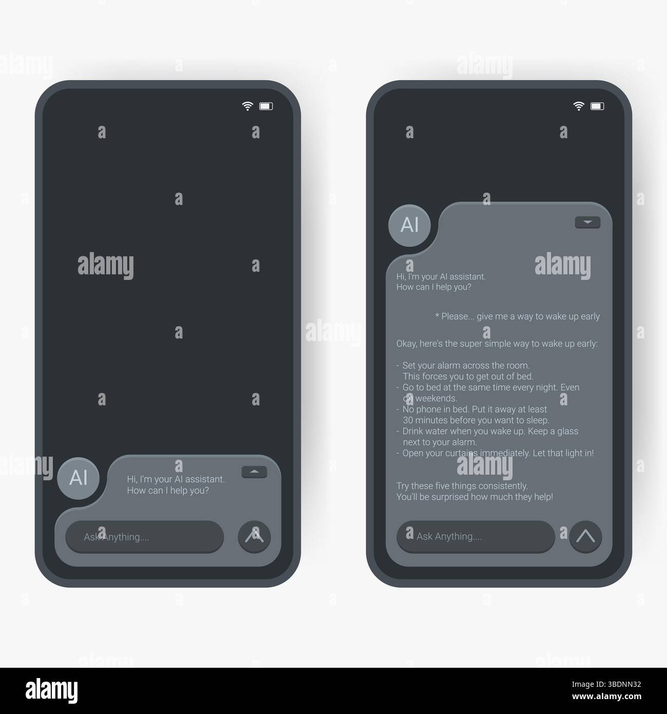 Smartphone mockup displaying an AI chat user interface showing a conversation between a user and the AI Stock Vector