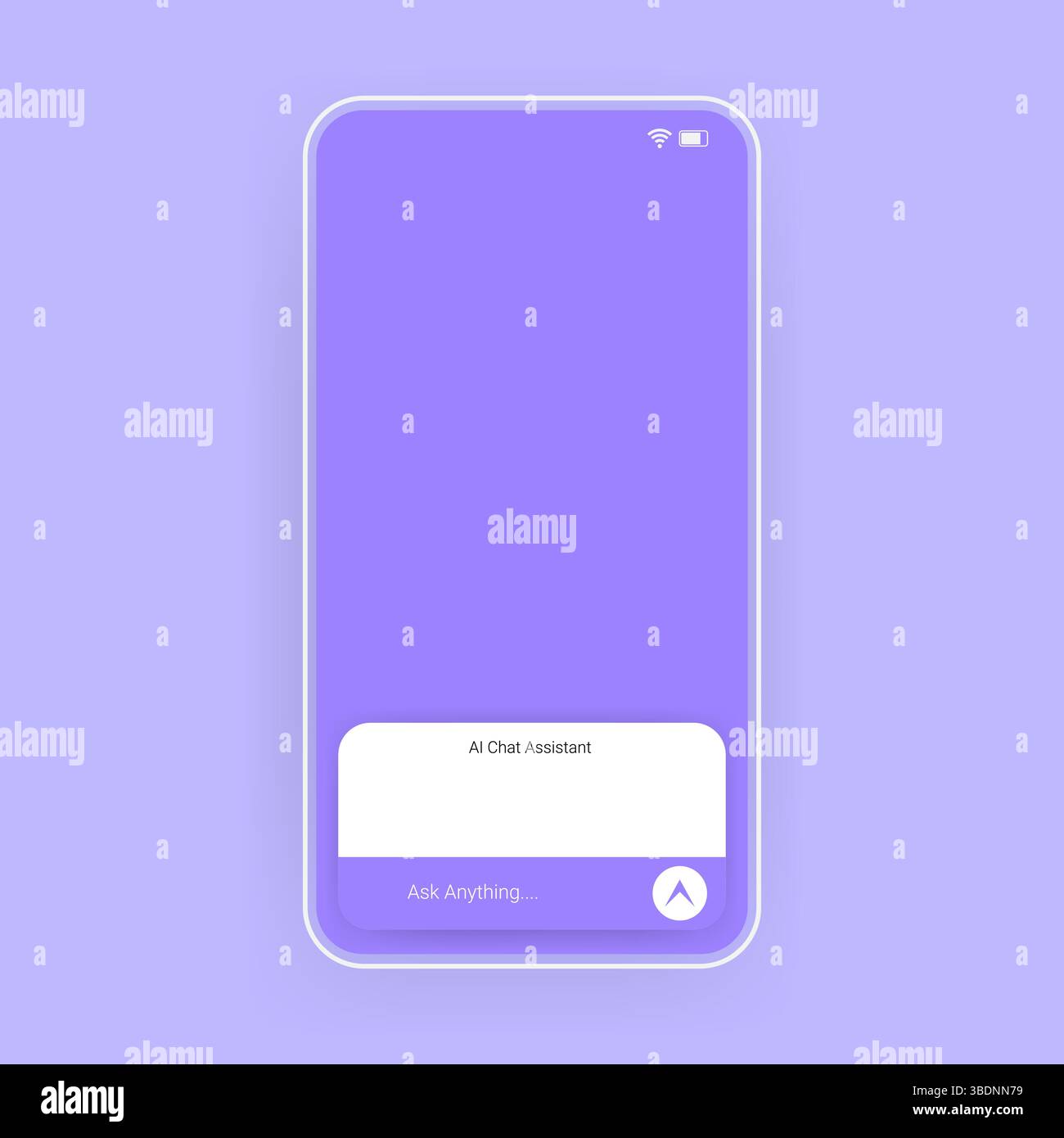 Clean and modern mobile interface mockup of an AI chat assistant. Features a soft purple background Stock Vector