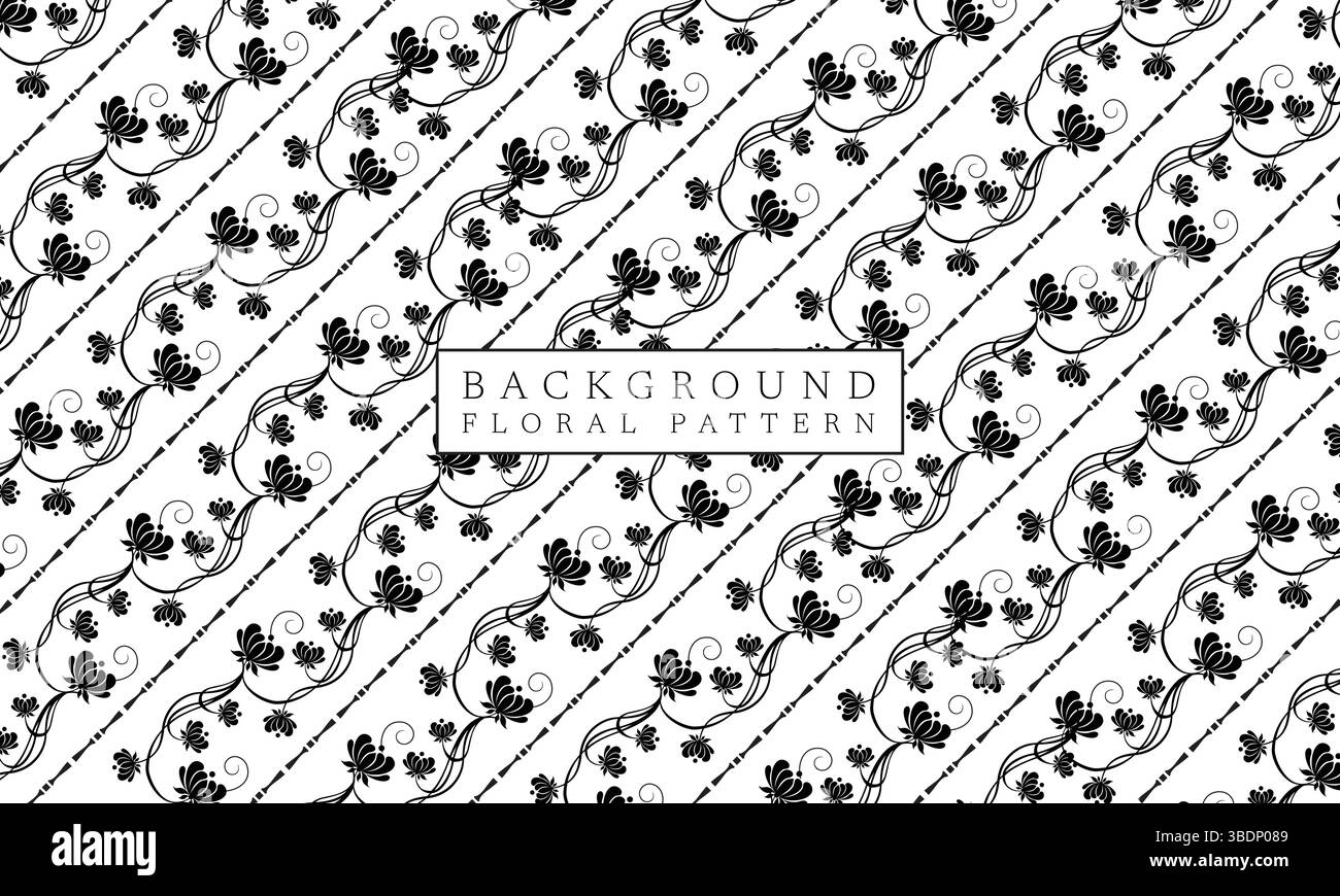 Elegant black and white floral pattern with flowing vines and leaves is ...