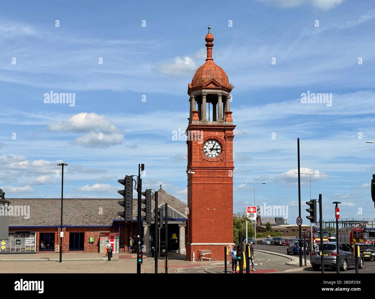 Clock tower outside Bolton railway station in Bolton town centre - Smartphone Captured Stock Image