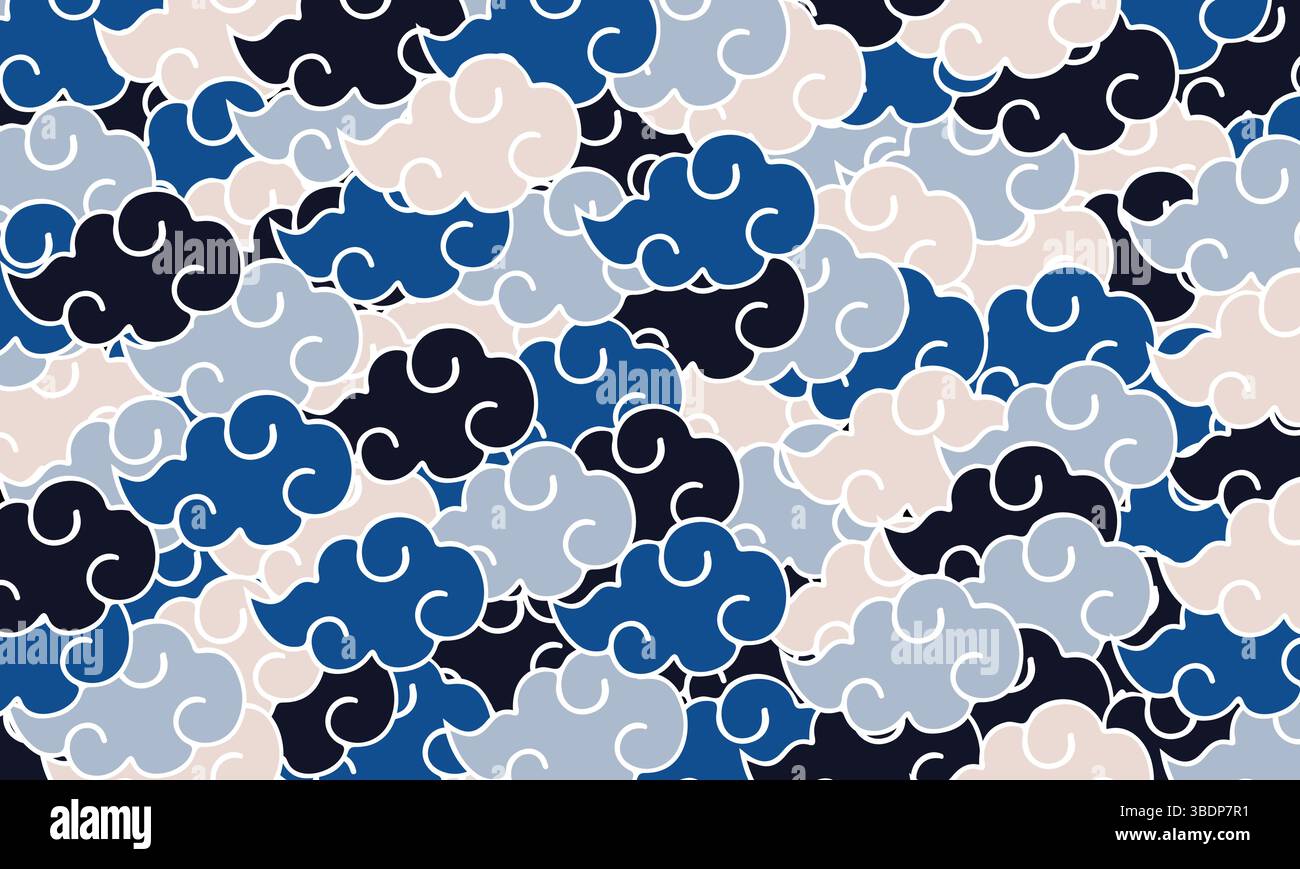 A colorful repeating pattern of clouds in various shades of blue, pink and black can be used as a background. Stock Vector
